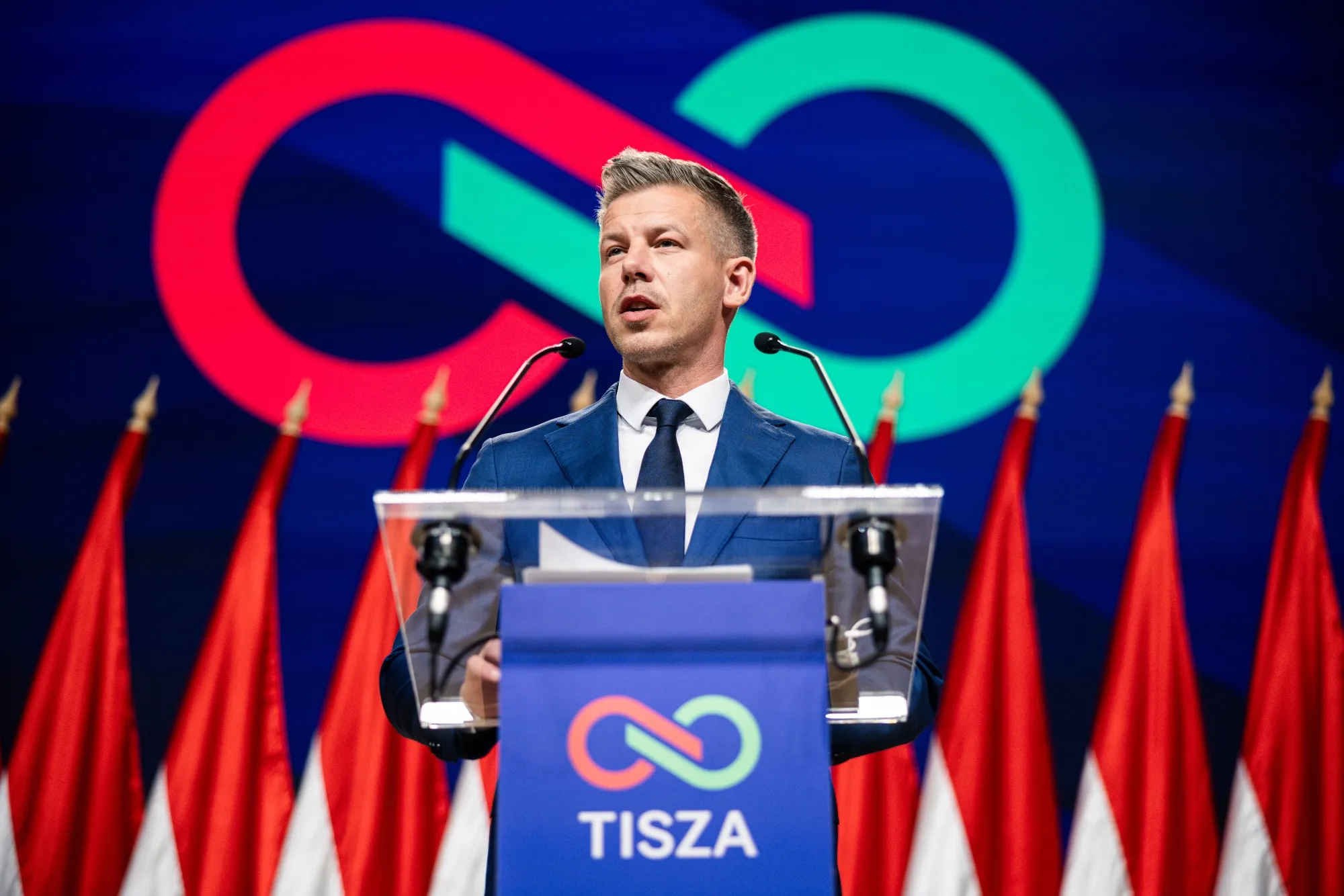Hungary's Incoming Prime Minister Peter Magyar at a news conference following his election victory in Budapest on April 13.
