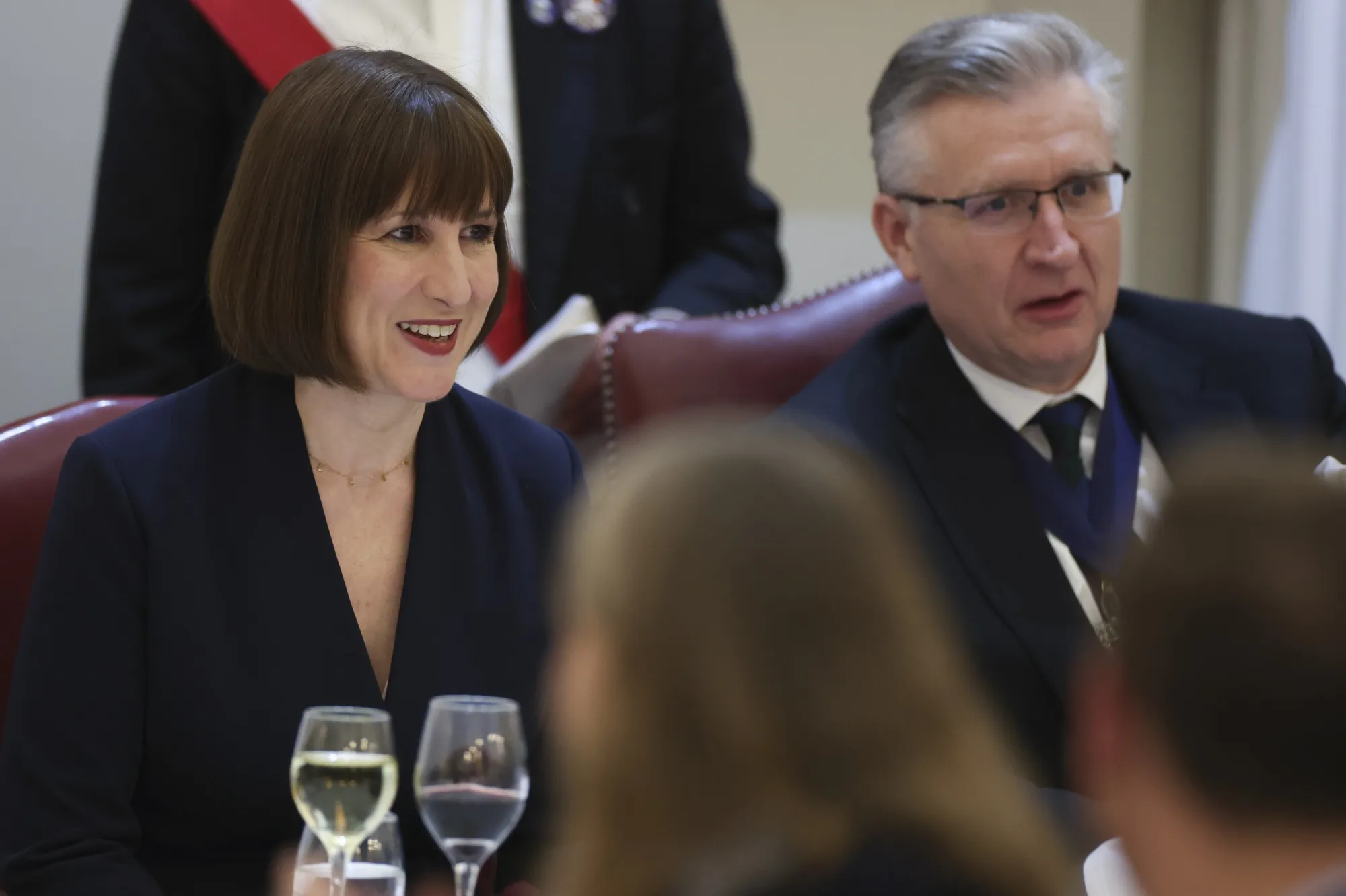 Rachel Reeves, UK chancellor of the exchequer, left, and Alastair King, lord mayor of the City of London, at the annual Financial and Professional Services Dinner at Mansion House in the City of London, UK, on Thursday, Nov. 14, 2024.