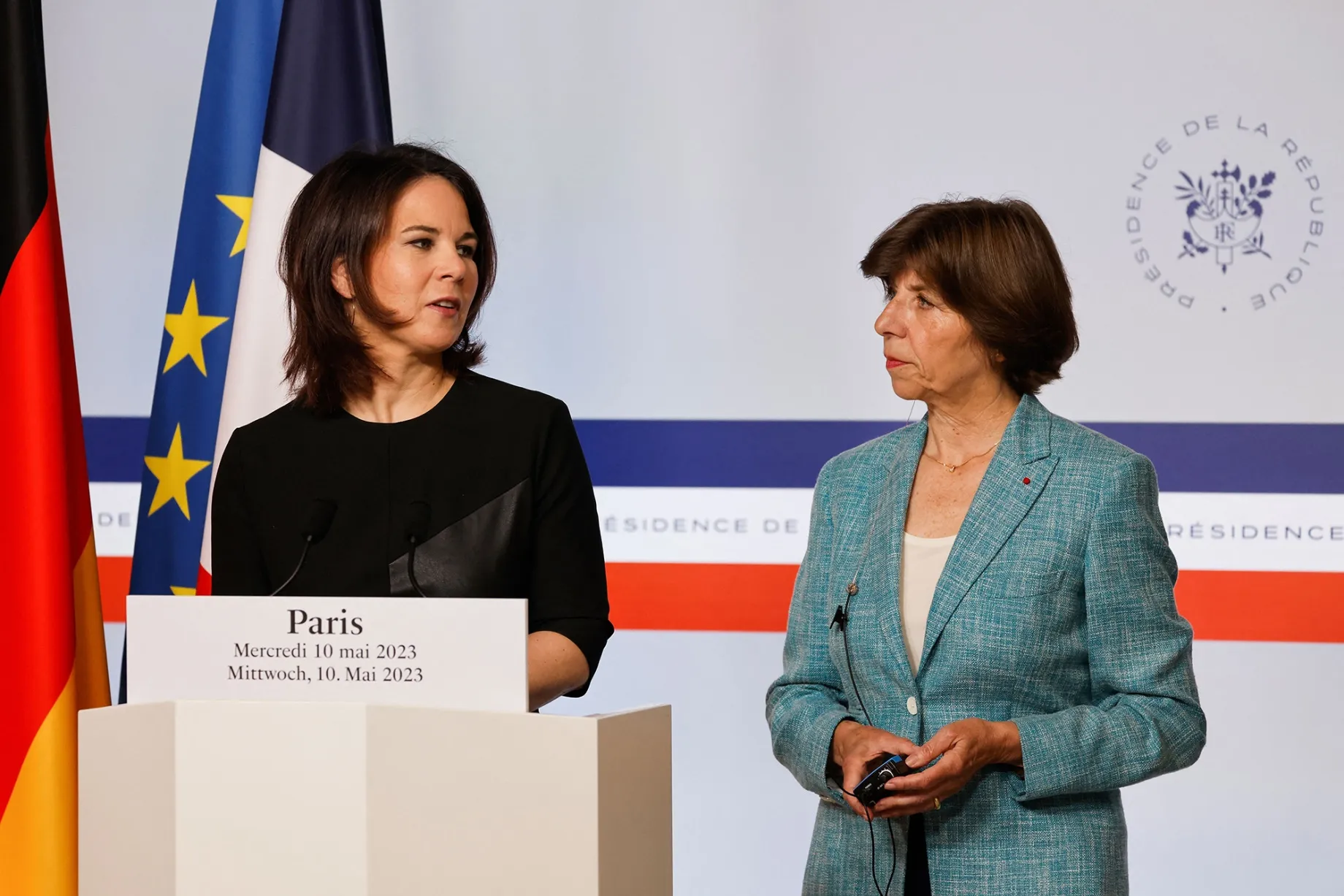Annalena Baerbock and Catherine Colonna at the Elysee presidential palace in Paris on May 10.