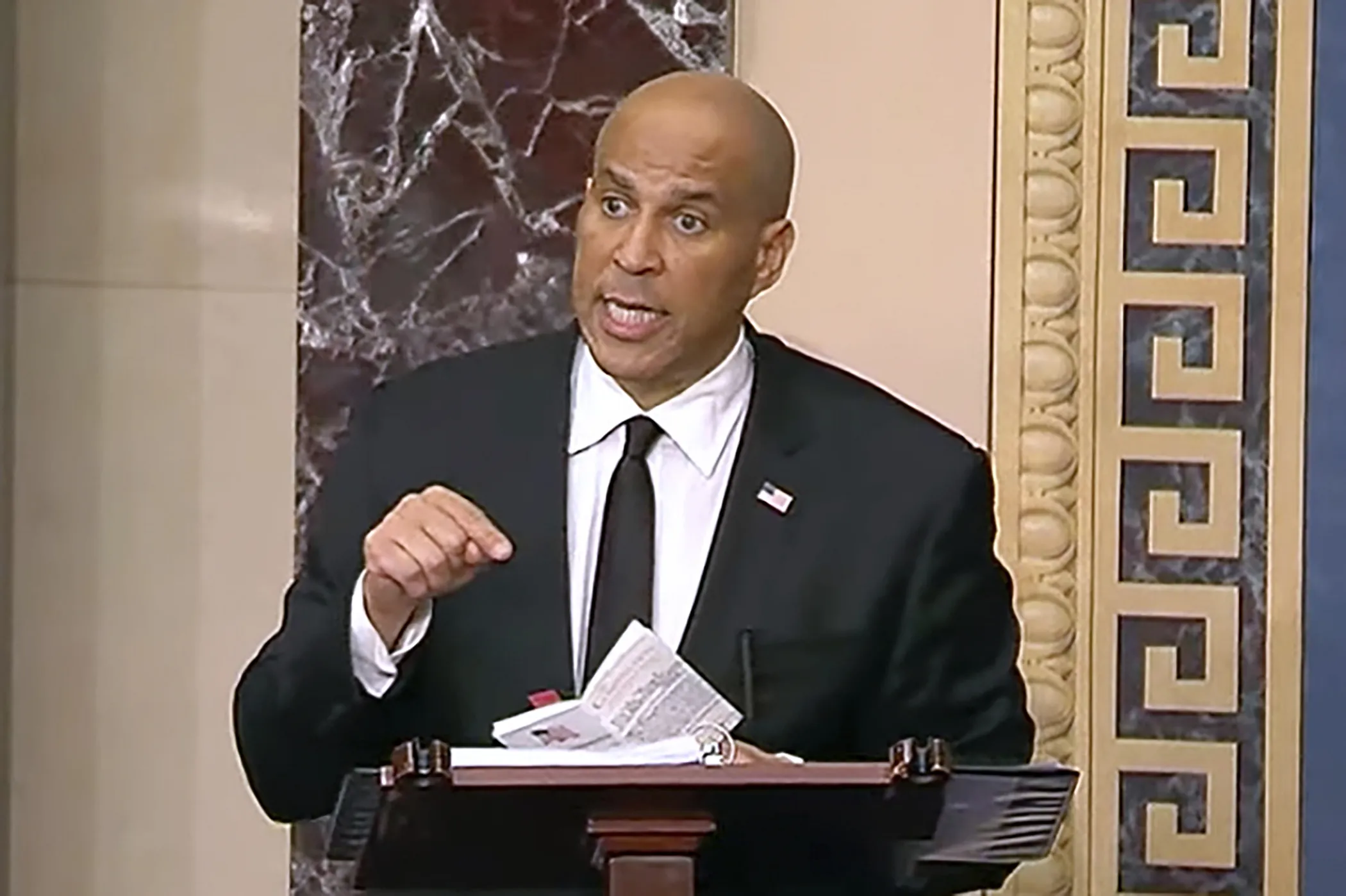 Cory Booker speaks on the Senate floor in this photo supplied by Senate Television&nbsp;on&nbsp;April 1, 2025.&nbsp;