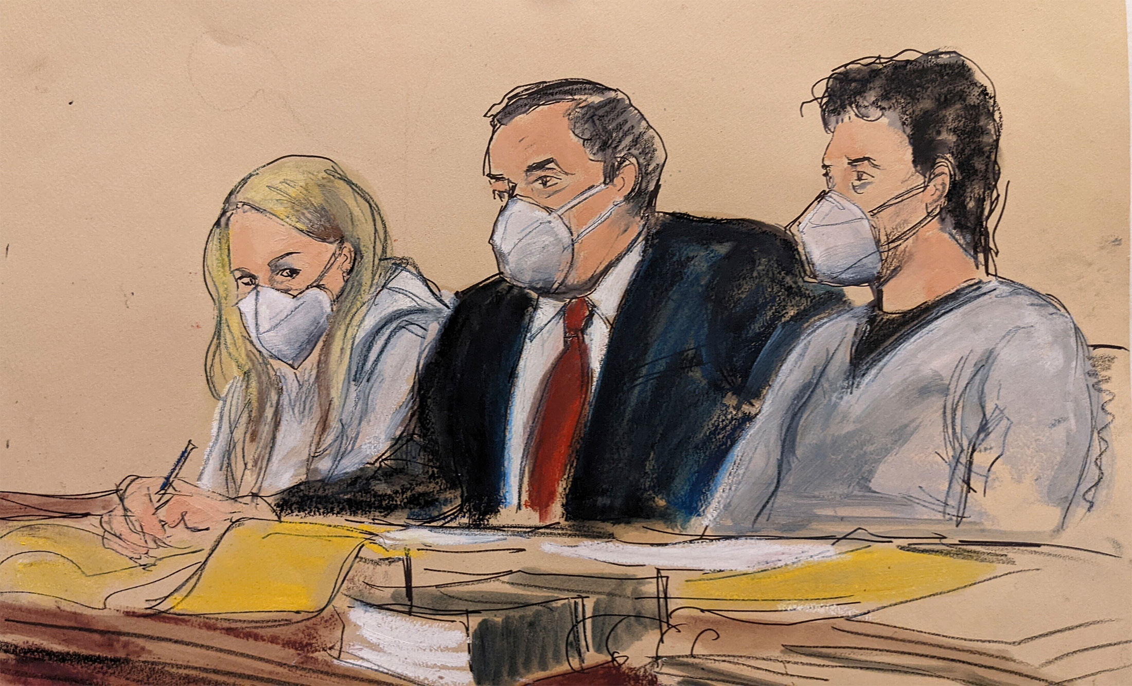 In this courtroom sketch, Heather Morgan, left, and her husband, Ilya “Dutch” Lichtenstein, right, sit with their attorney in federal court in New York on Feb. 8.