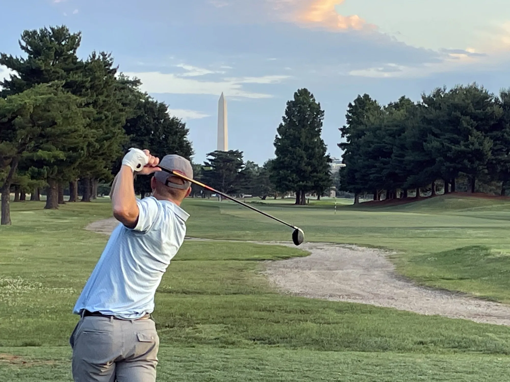 Mike McCartin, one of the co-founders of National Links Trust, plays at Rock Creek Park golf course in Washington.