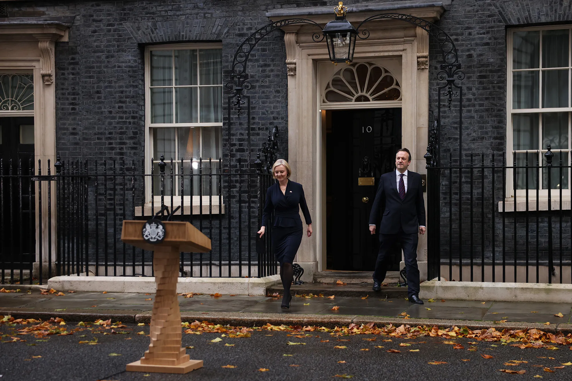  Liz Truss walks out of No. 10 to announce her resignation at Downing Street on Oct. 20.