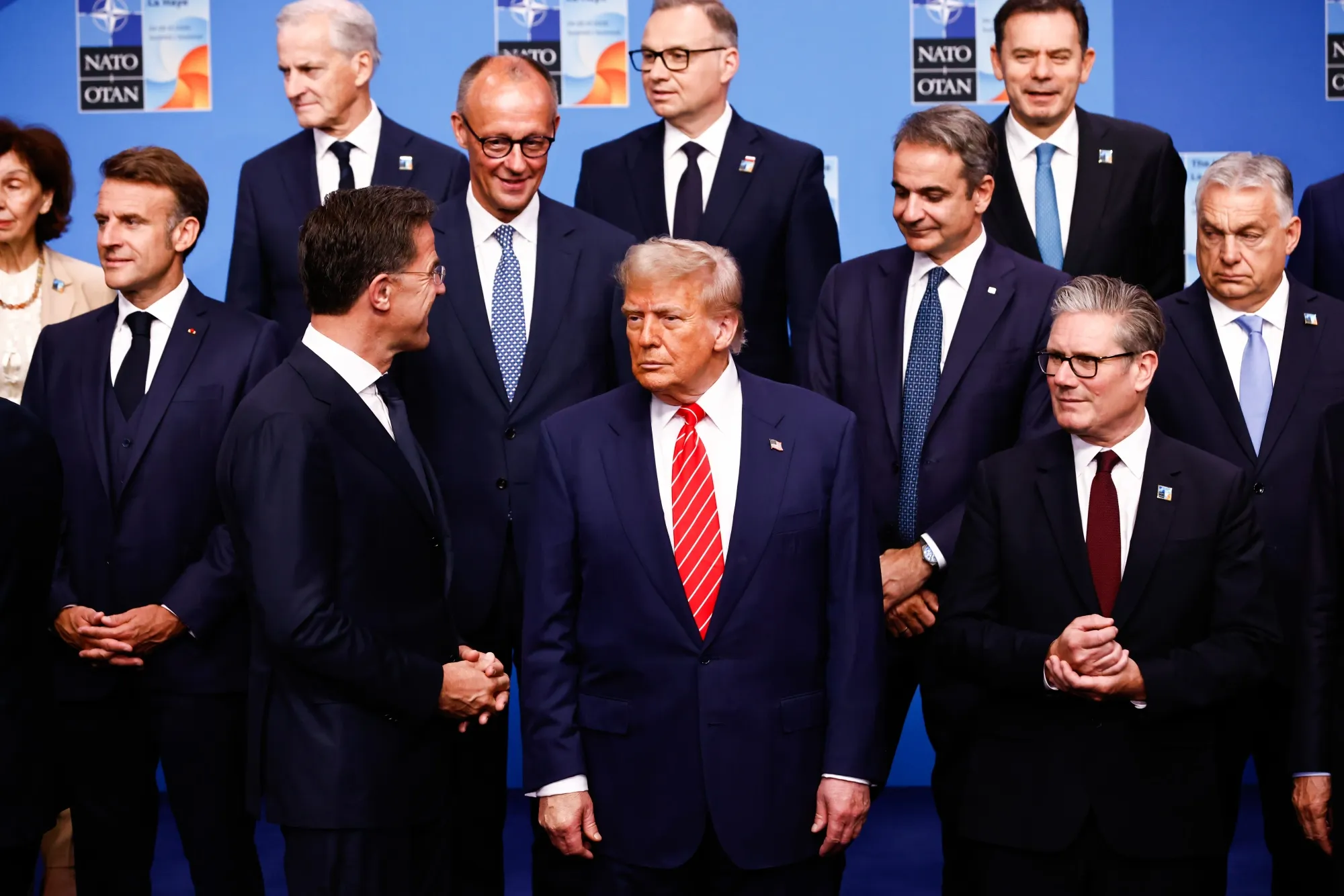 Mark Rutte, secretary general of the North Atlantic Treaty Organization (NATO), US President Donald Trump, and Keir Starmer, UK prime minister, front row, with other world leaders during the family photo at the NATO summit in The Hague&nbsp;in 2025.
