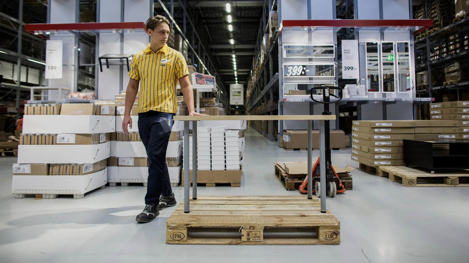 An IKEA employee in the warehouse at the IKEA store in Malmo, Sweden.
