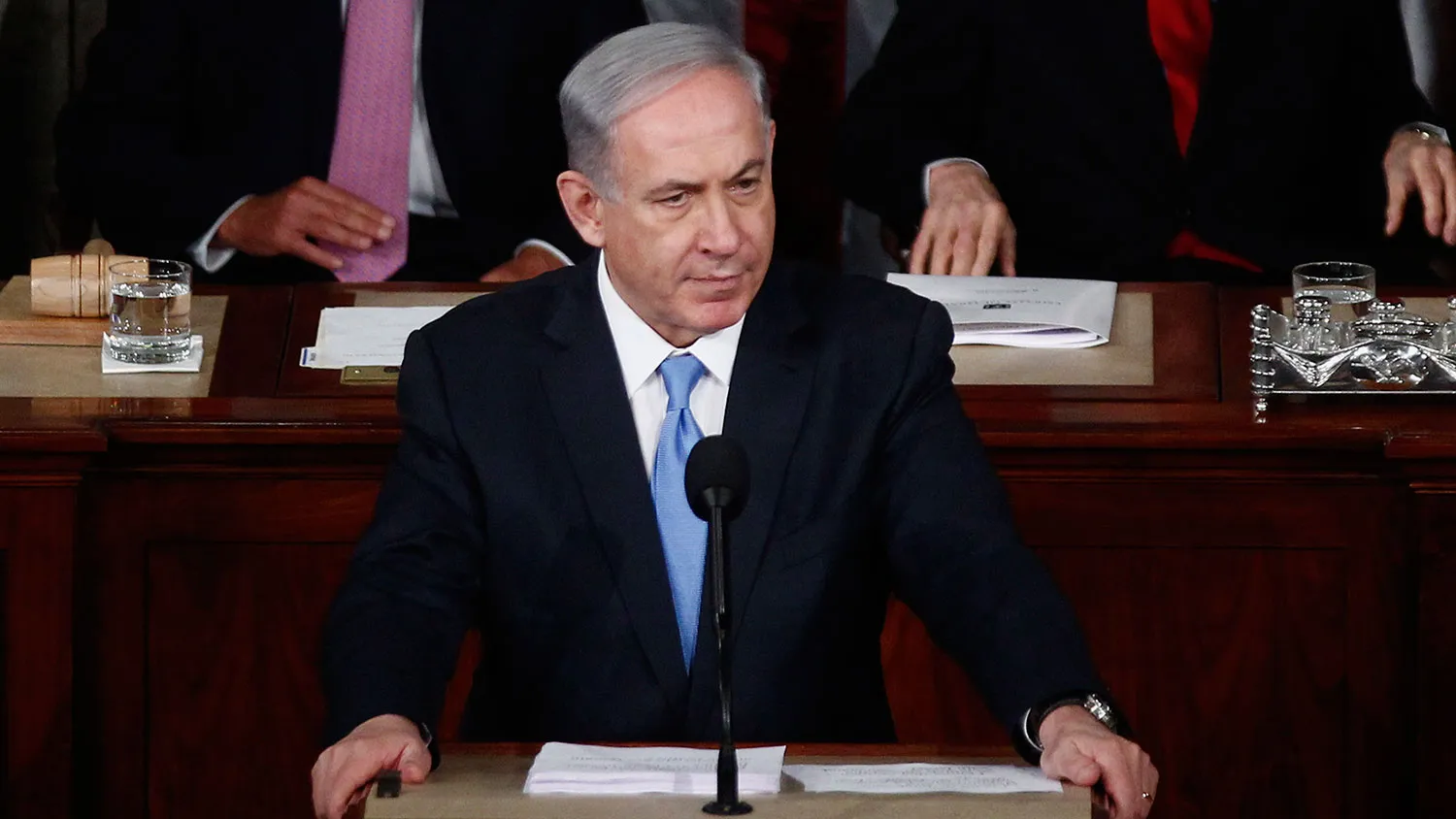 Benjamin Netanyahu, Israel's prime minister, pauses while speaking during a joint meeting of Congress in the House Chamber at the U.S. Capitol in Washington on March 3, 2015.
