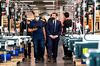 President Emmanuel Macron tours an Aplix factory in Le Cellier, France, on Feb. 11. 