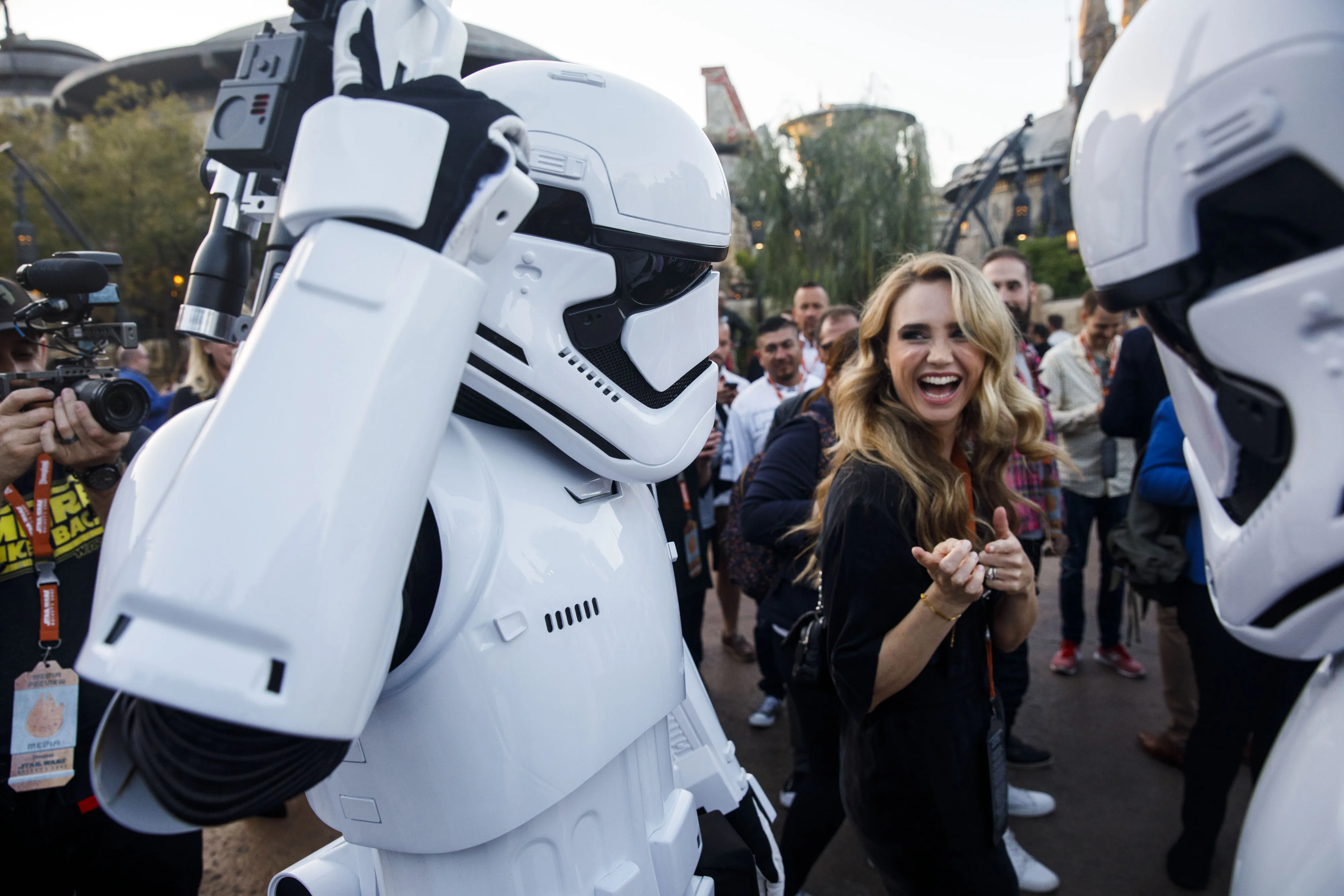 Stormtroopers interact with attendees at&nbsp;Star Wars: Galaxy's Edge in Anaheim, California.