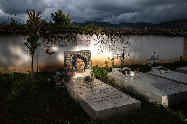 Berta Caceres' gravesite in La Esperanza. The words on the glistening tombstone echo her speech at the Goldman Prize ceremony: “Humanity, wake up! We are running out of time.” Honduras, August 29, 2020.