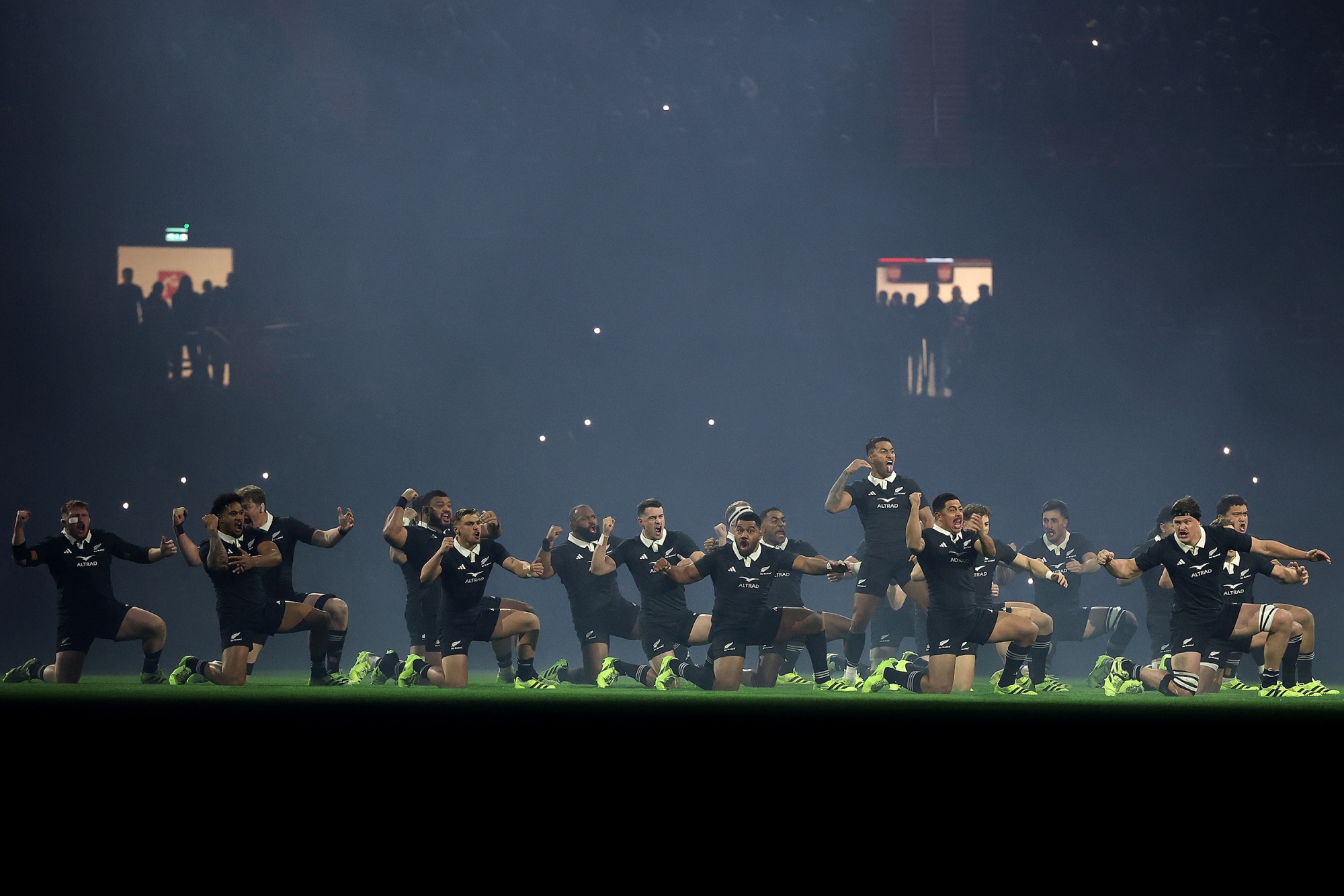CARDIFF, WALES - NOVEMBER 22: The New Zealand All Blacks perform the Haka prior to the Quilter Nations Series 2025 rugby international match between Wales and New Zealand at Principality Stadium on November 22, 2025 in Cardiff, Wales. (Photo by David Rogers/Getty Images)