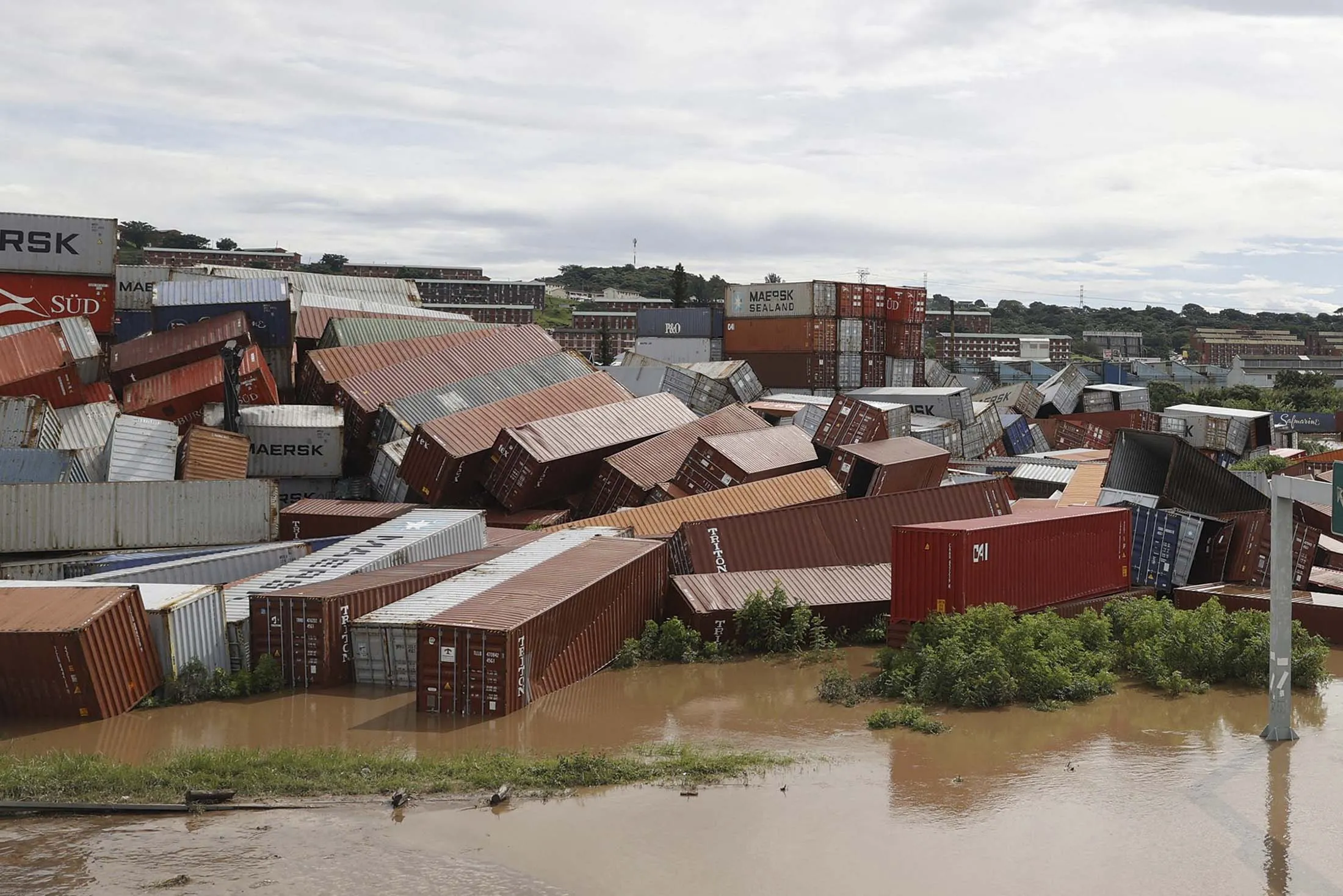 Toppled containers at a&nbsp;storage facility following heavy rains and winds in Durban, on April 12.