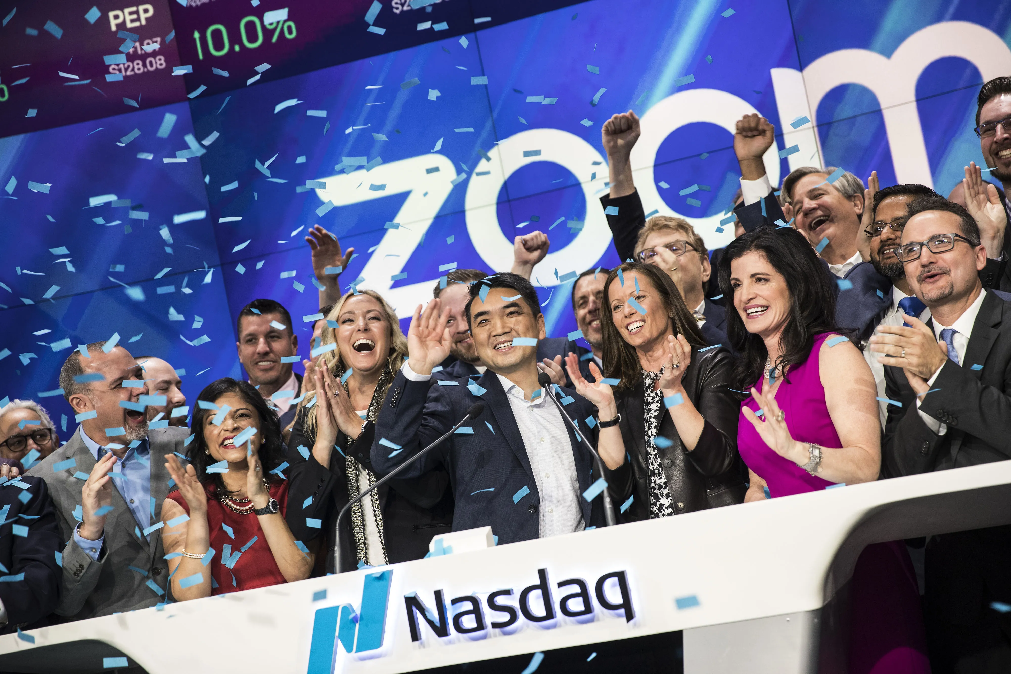 Eric Yuan, founder and CEO&nbsp;of Zoom Video Communications, center, during the company's initial public offering&nbsp;in New York in 2019.