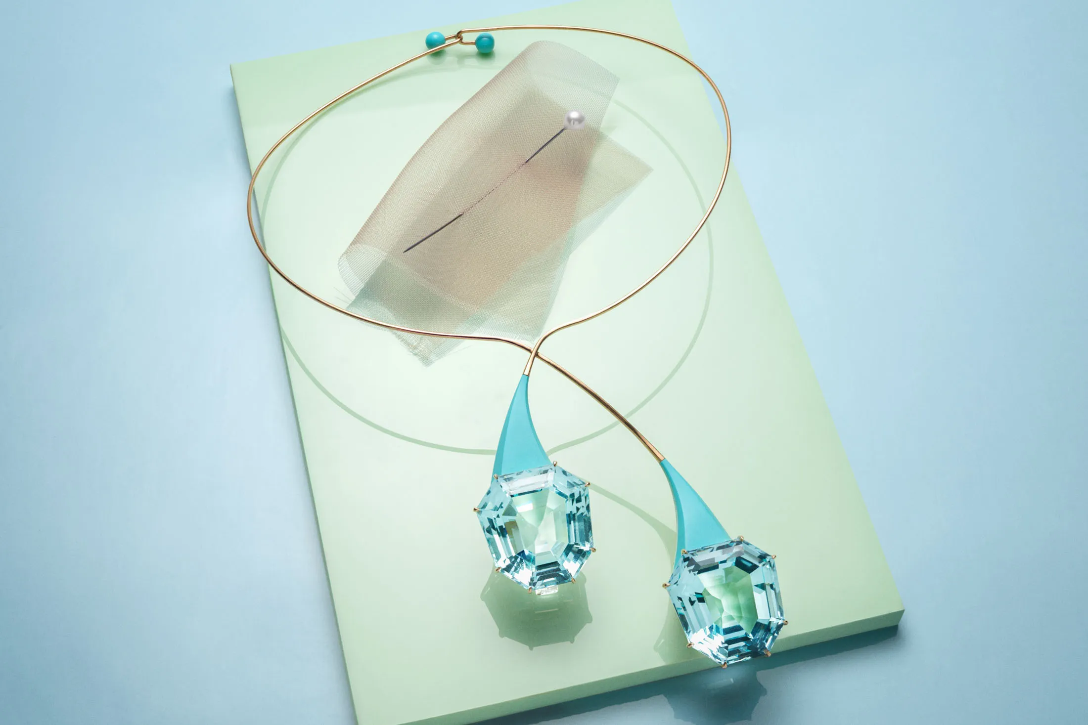 A recent necklace from Taffin is a showcase for two massive aquamarines.