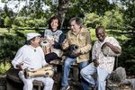 This undated image shows members of Planet Drum, from left, Giovanni Hidalgo, Zakir Hussain, Mickey Hart and Sikiru Adepoju. Planet Drum is a musical collective of renowned drummers from different countries and musical backgrounds who are hoping to bring the world together in rhythm and dance. (Jay Blakesberg/Retro Photo Archive via AP)