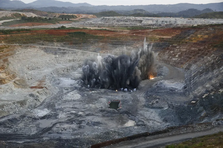 Explosives detonate on the floor of the open pit at the Kibali gold mine in Democratic Republic of Congo.