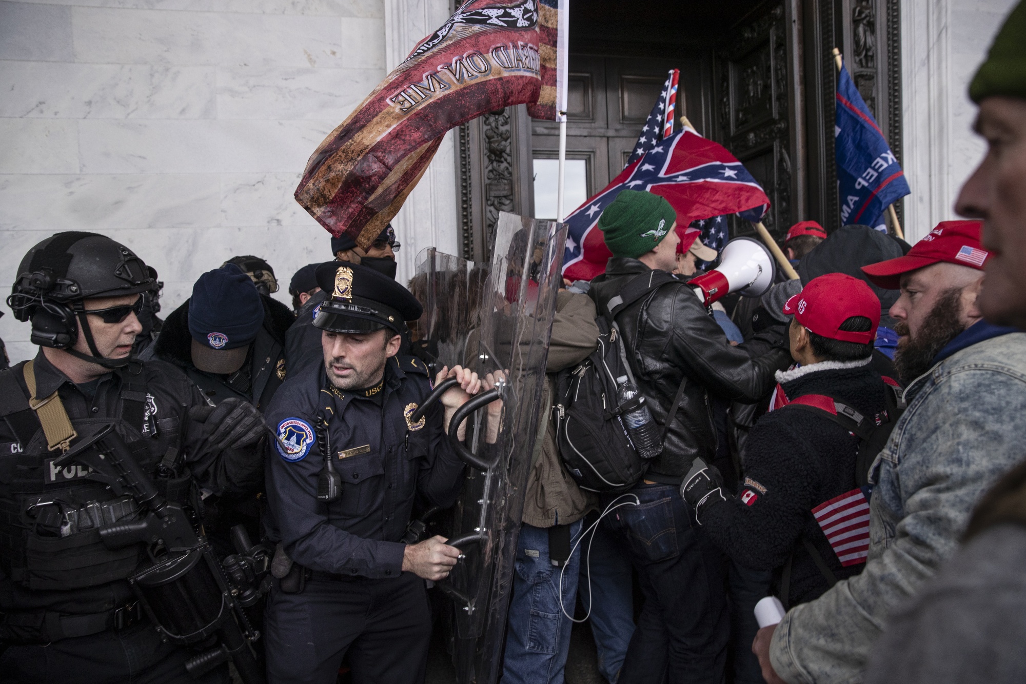 Demonstrators clash with U.S. Capitol police officers outside the&nbsp;Capitol building in Washington, D.C. on&nbsp;Jan. 6, 2021.