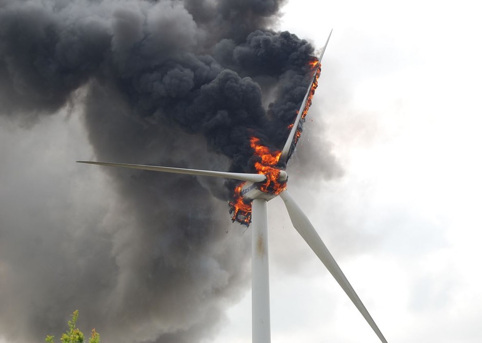 A turbine catches fire at Germany's Gross Eilstorf wind farm in 2012.