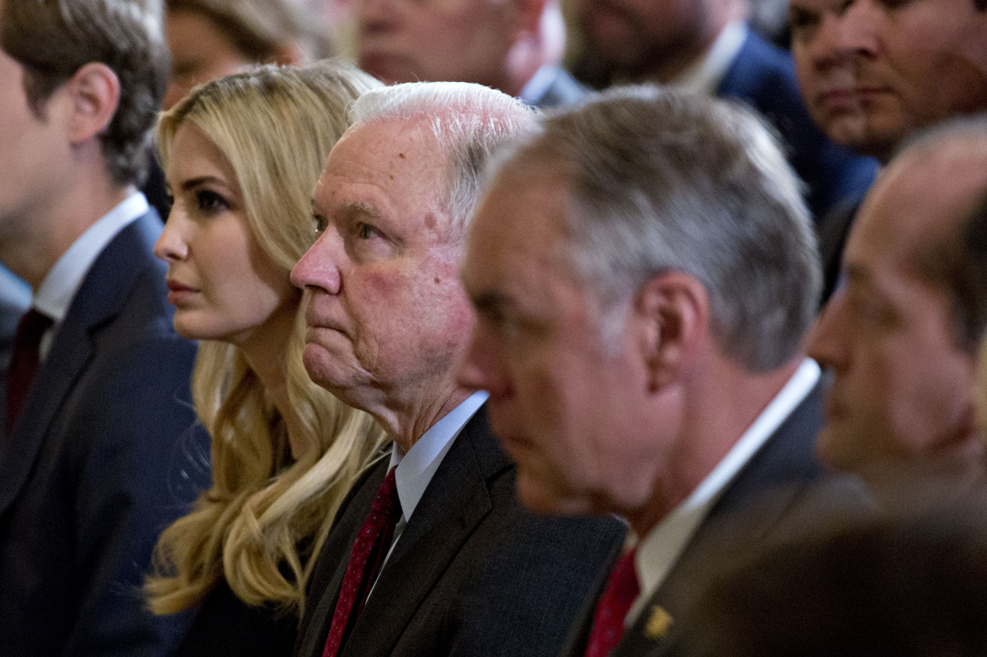 Jeff Sessions, U.S. attorney general (center) attends an event&nbsp;in the East Room of the White House in Washington on May 18, 2018.&nbsp;