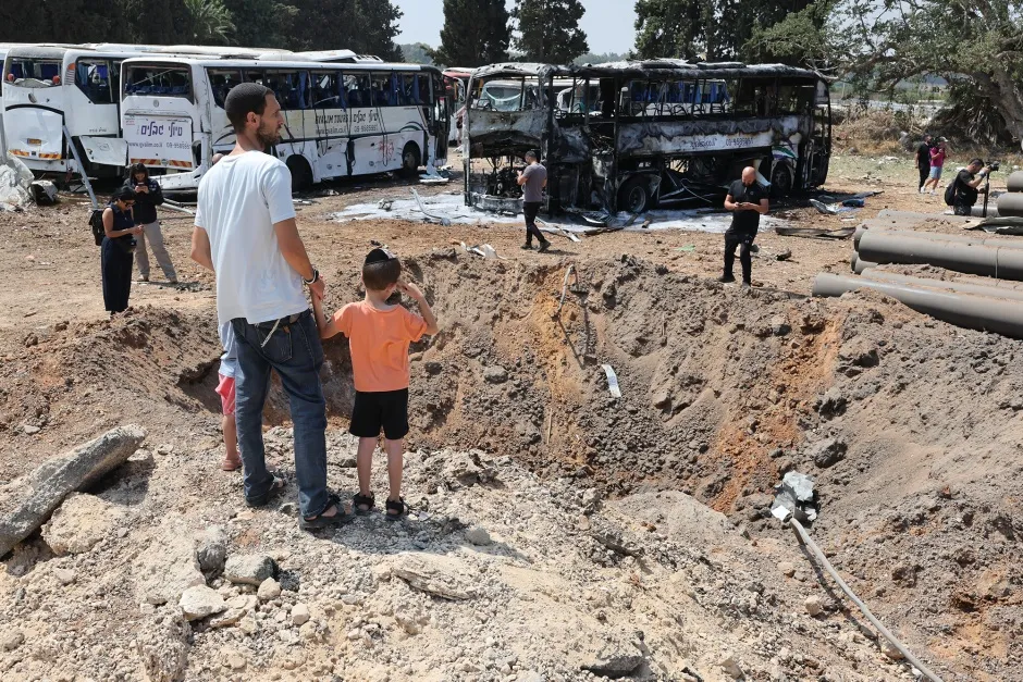 A crater at the impact site of an Iranian missile at a bus depot in Herzliya, Israel, on June 17.