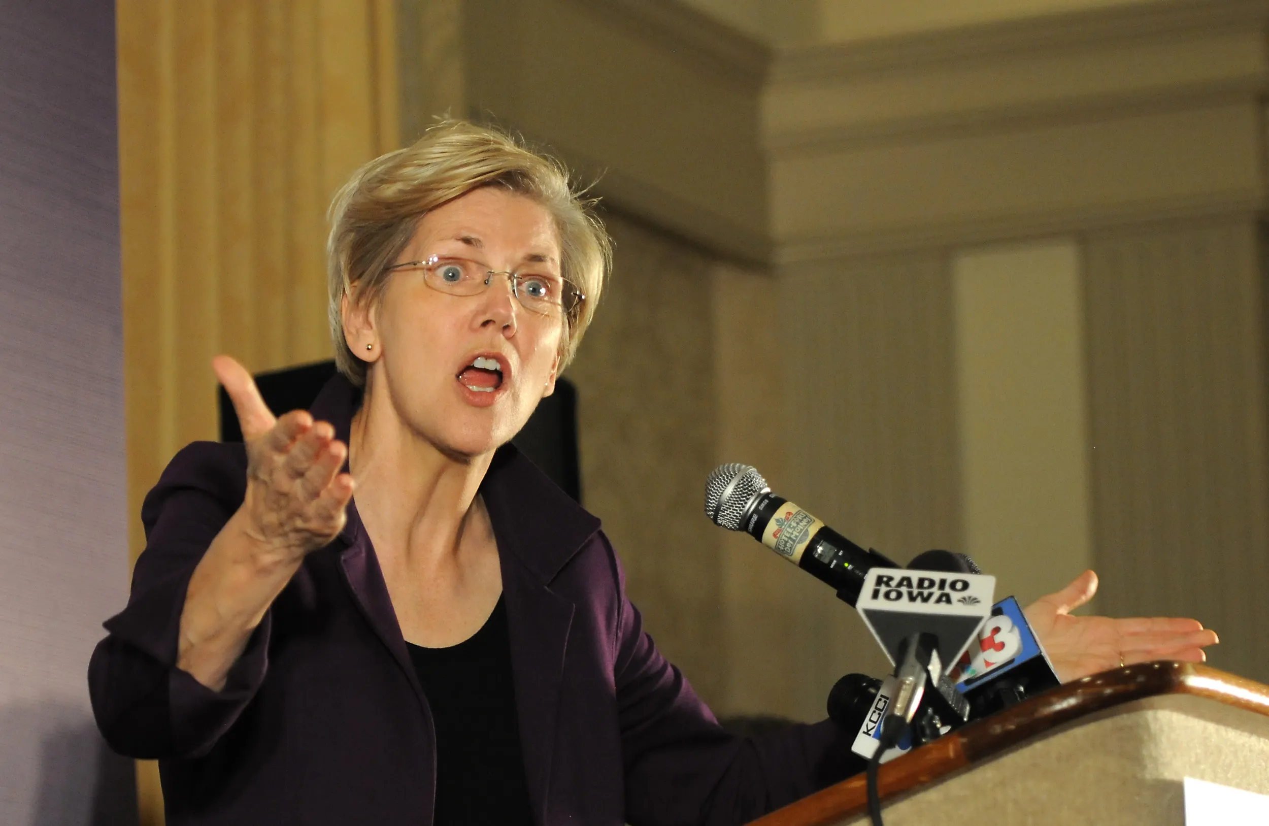 DES MOINES, IA - OCTOBER 19: U.S. Senator Elizabeth Warren (D-MA) campaigns for U.S. Rep Bruce Braley (D-IA) Sunday, October 19, 2014 in Des Moines, Iowa. Braley is in a tight race for a Senate seat against Joni Ernst.
