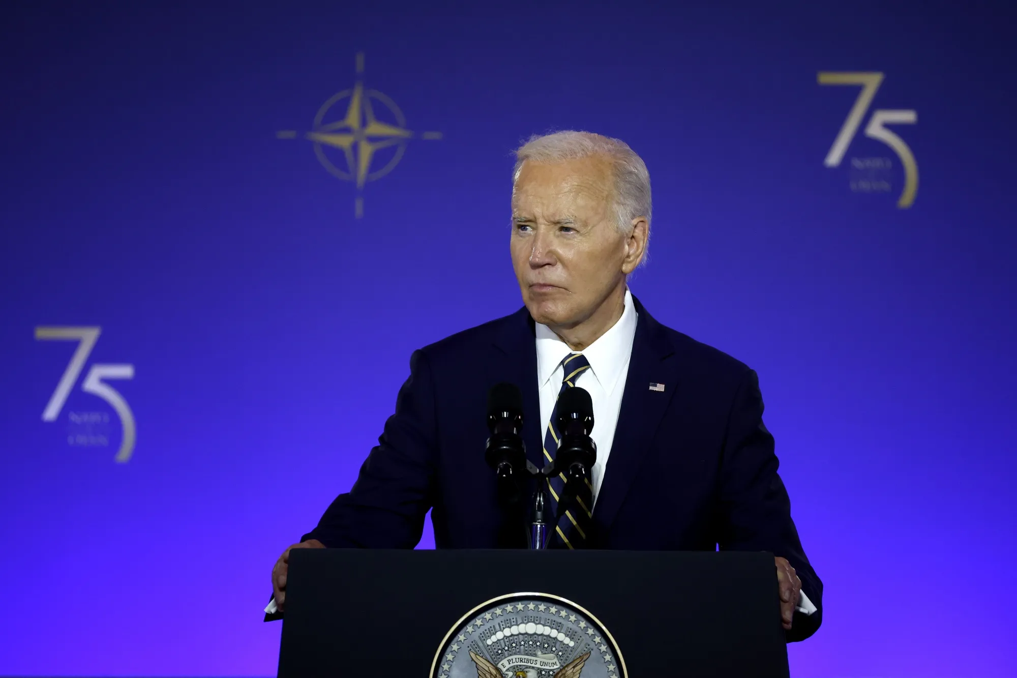Joe Biden delivers remarks during the NATO 75th anniversary celebratory event in Washington DC on July 9.