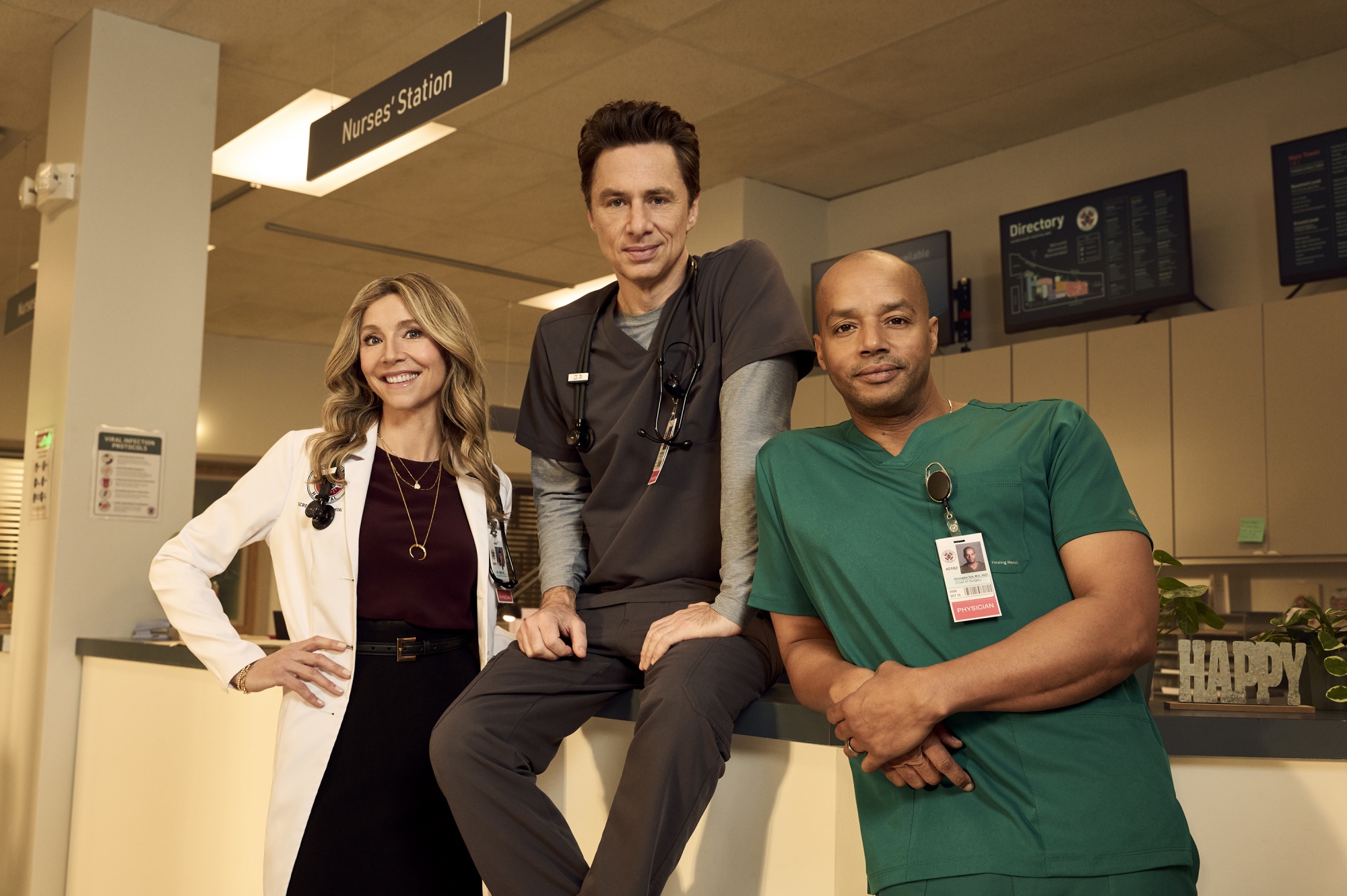 Scrubs stars Sarah Chalke, Zach Braff and Donald Faison, 16 years after its original run ended. Source: ABC