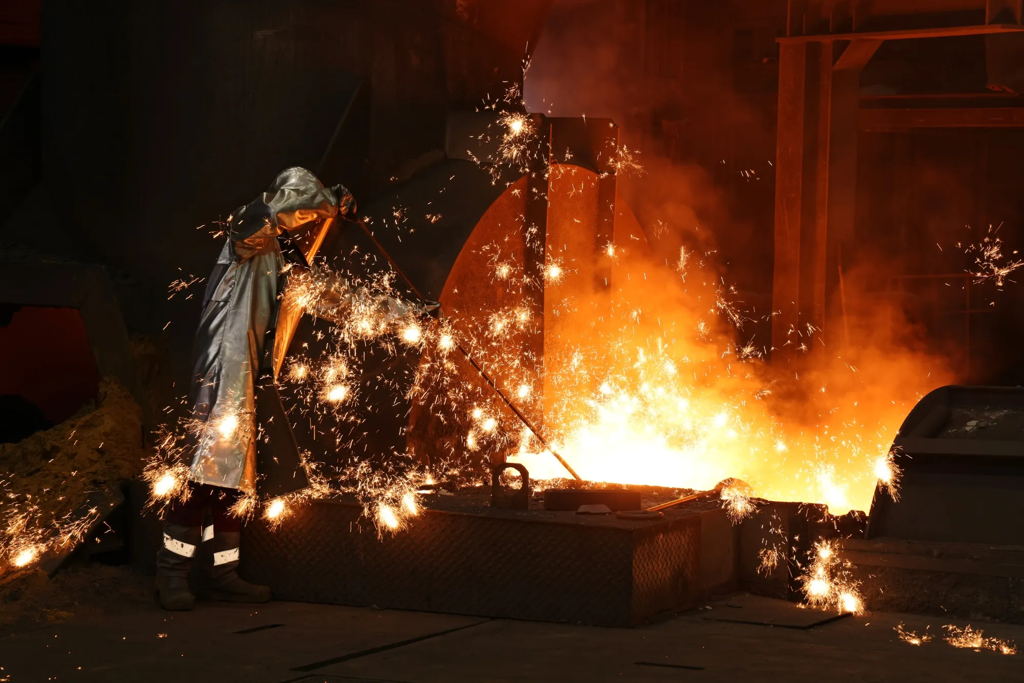 Sparks fly at a steelworks&nbsp;in Duisburg, Germany.&nbsp;
