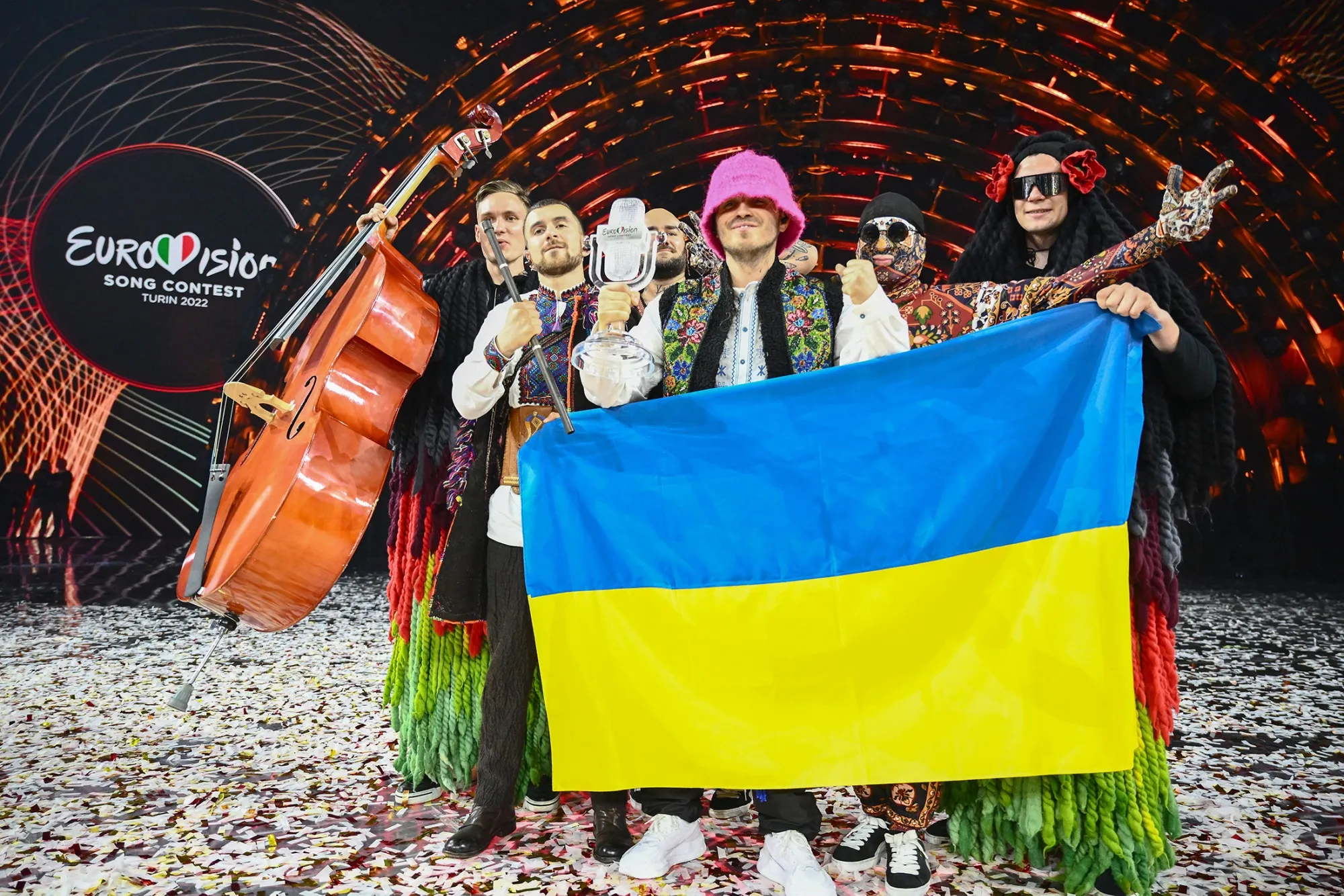 Members of the band "Kalush Orchestra" onstage with the winner's trophy and Ukraine's flags after winning on behalf of Ukraine the Eurovision Song contest 2022 on May 14.