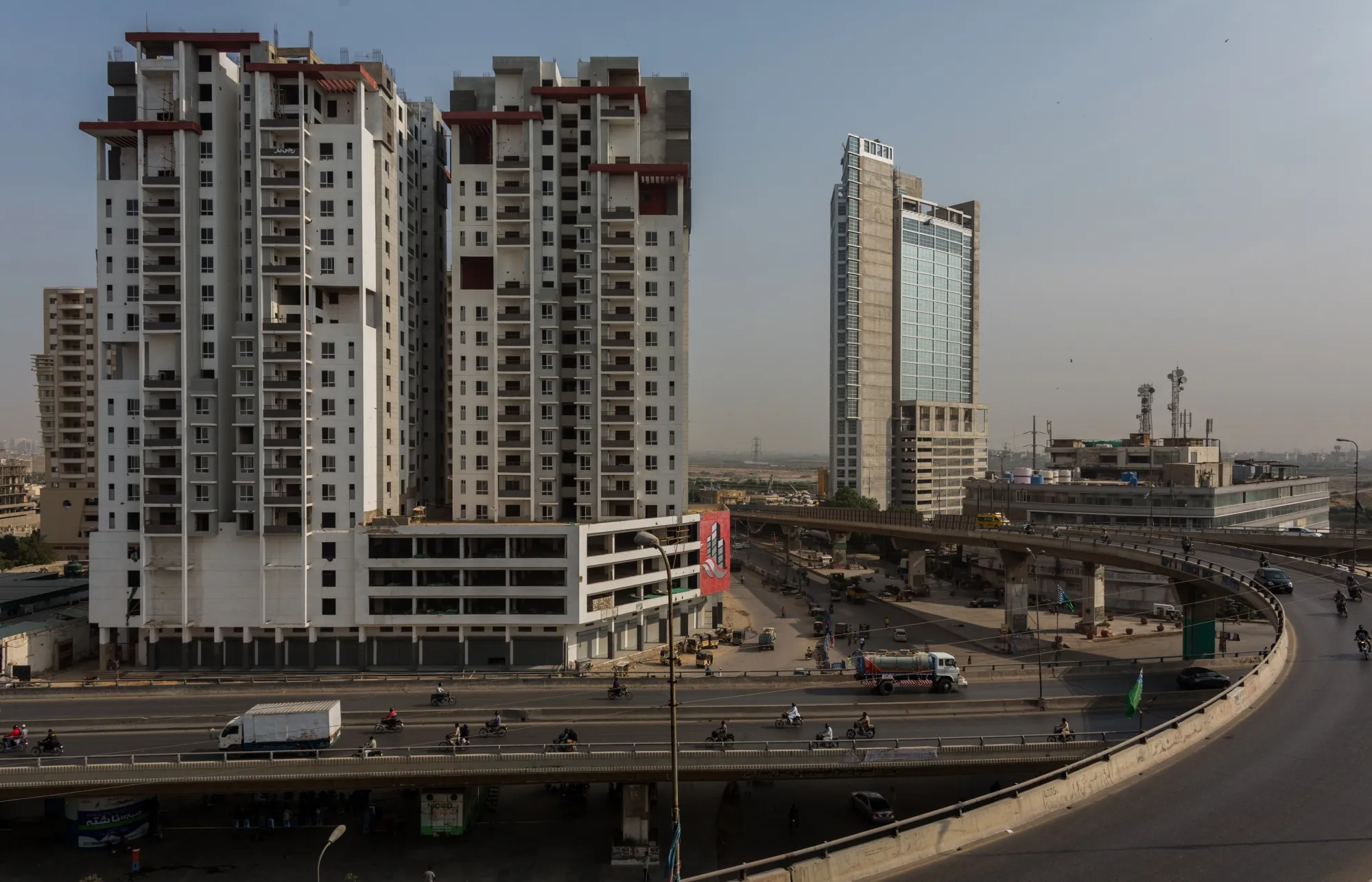 Vehicles travel along elevated highways in Karachi, Pakistan.