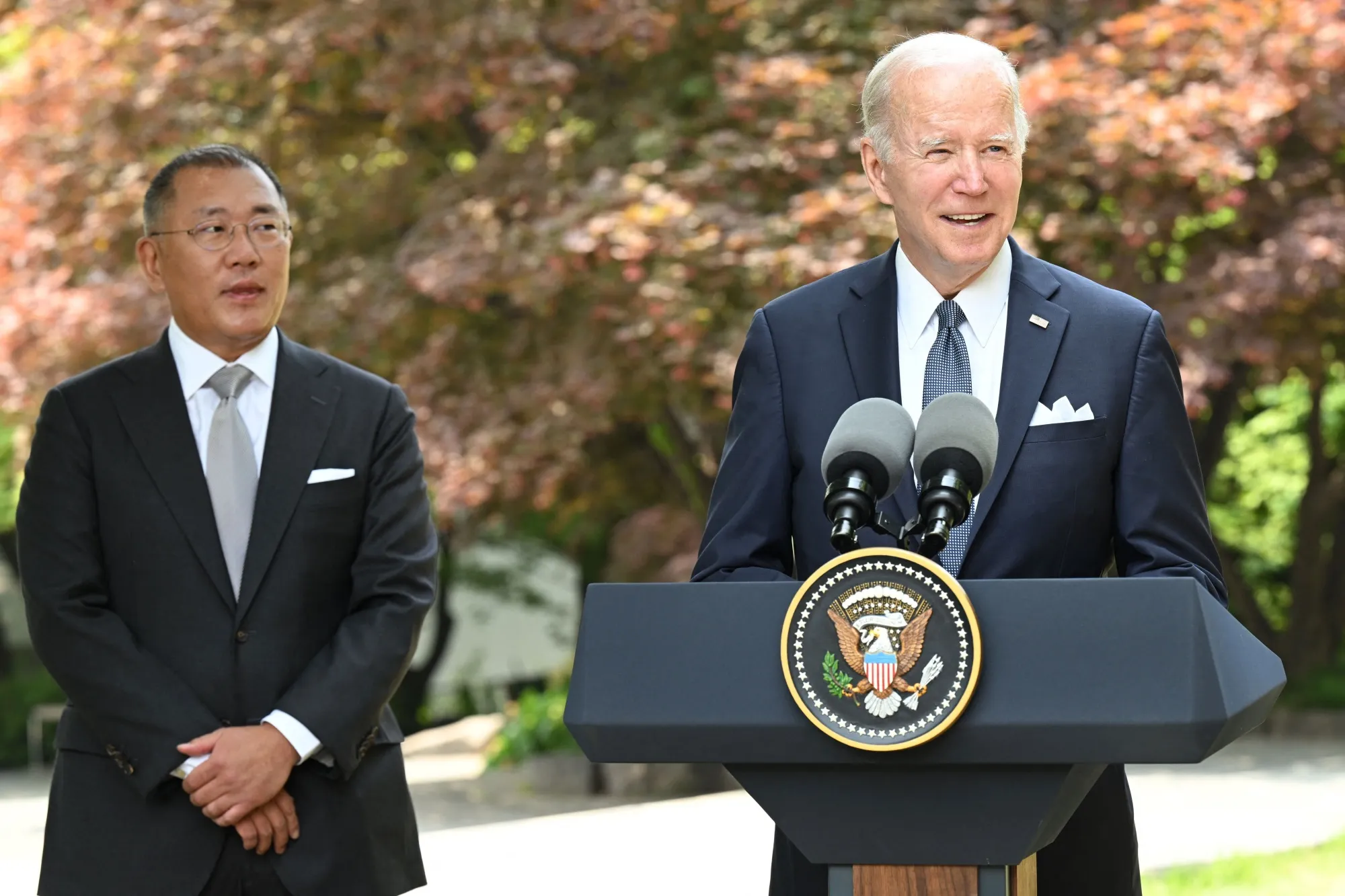 Biden speaks to the media next to Euisun Chung in Seoul on May 22.