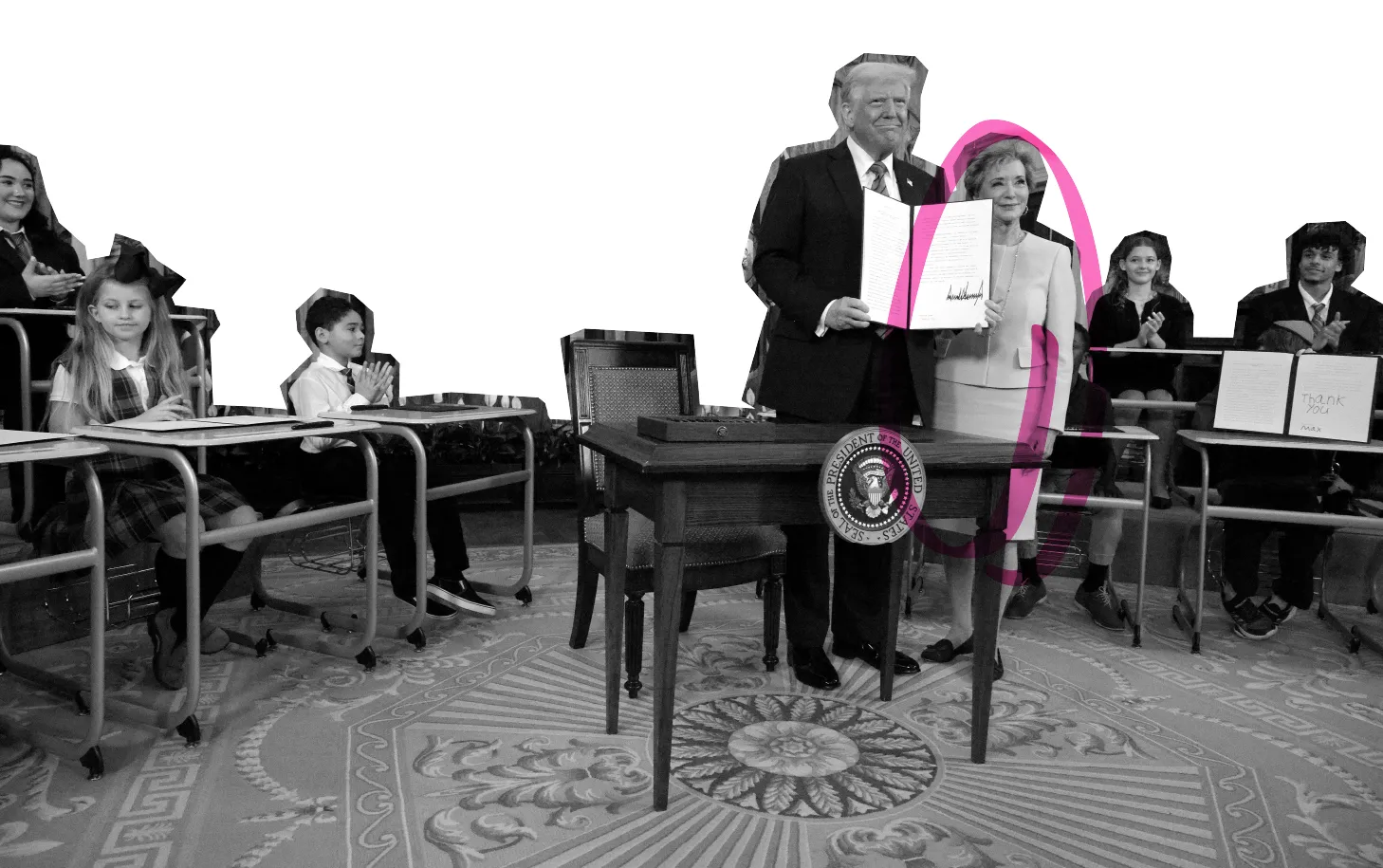 US President Donald Trump and Linda McMahon, after signing an executive order in the East Room of the White House.