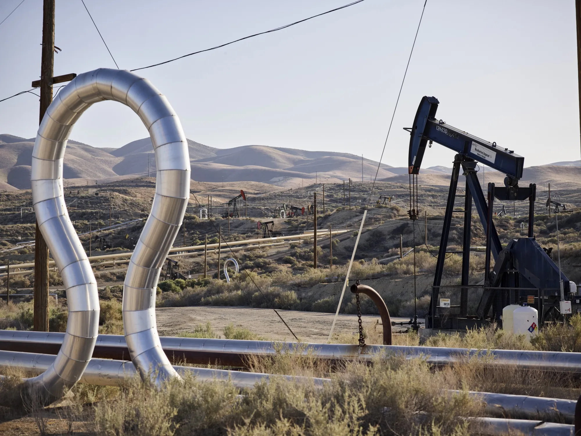Oil pump jacks near Derby Acres, California.