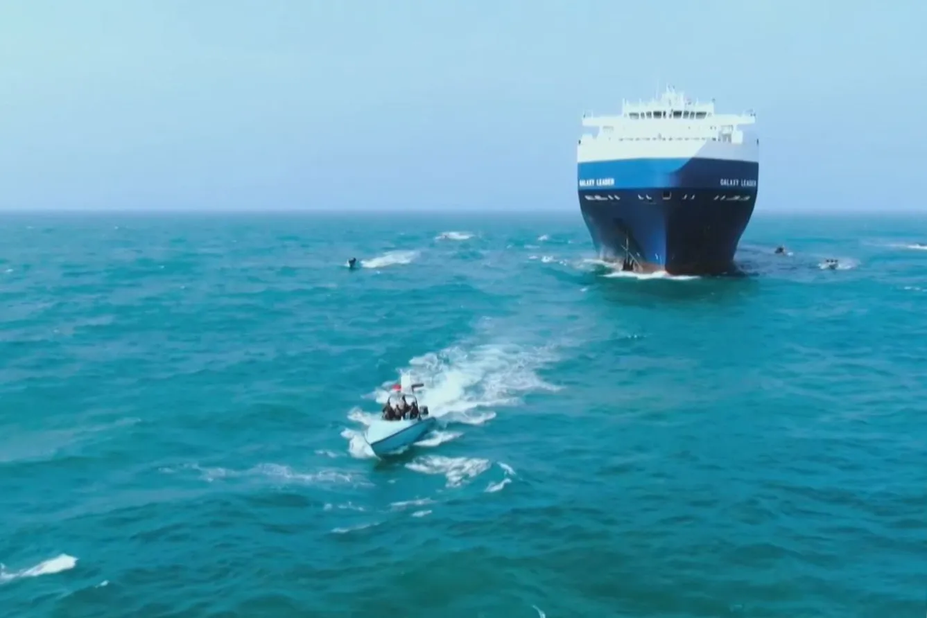 A screengrab from footage released by&nbsp;Huthi rebels shows members&nbsp;during the capture of an Israel-linked cargo vessel&nbsp;in the Red Sea.&nbsp;