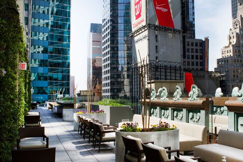 A corner view of the angular, L-shaped St. Cloud rooftop, which encompasses 7,800 square feet atop the Knickerbocker Hotel.
