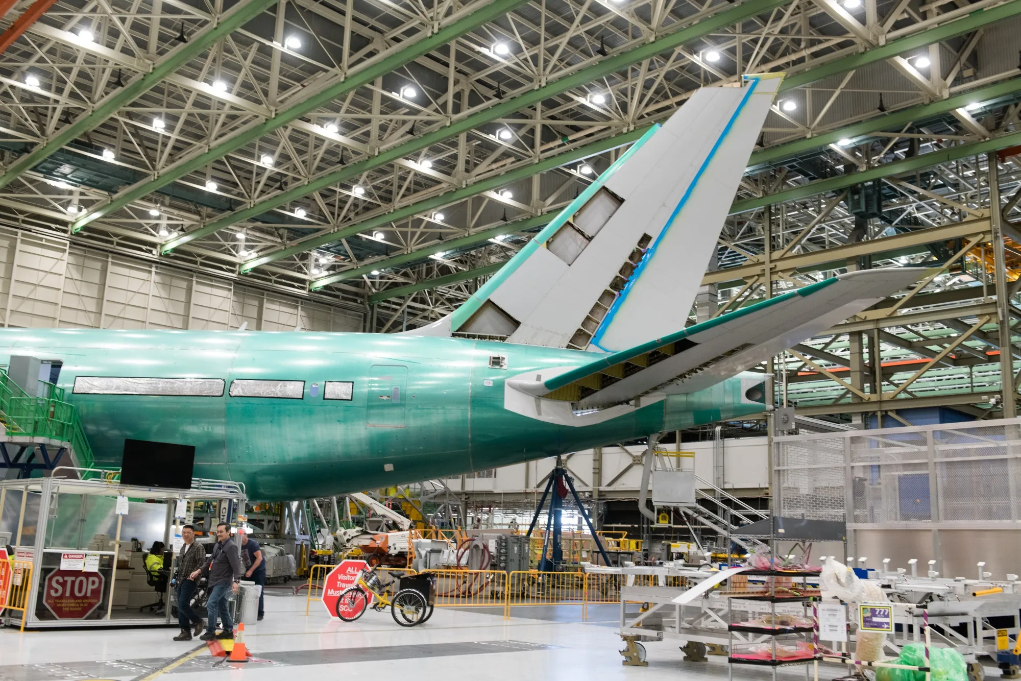 A Boeing 777X airplane on the assembly floor in Everett on March 6, 2019.