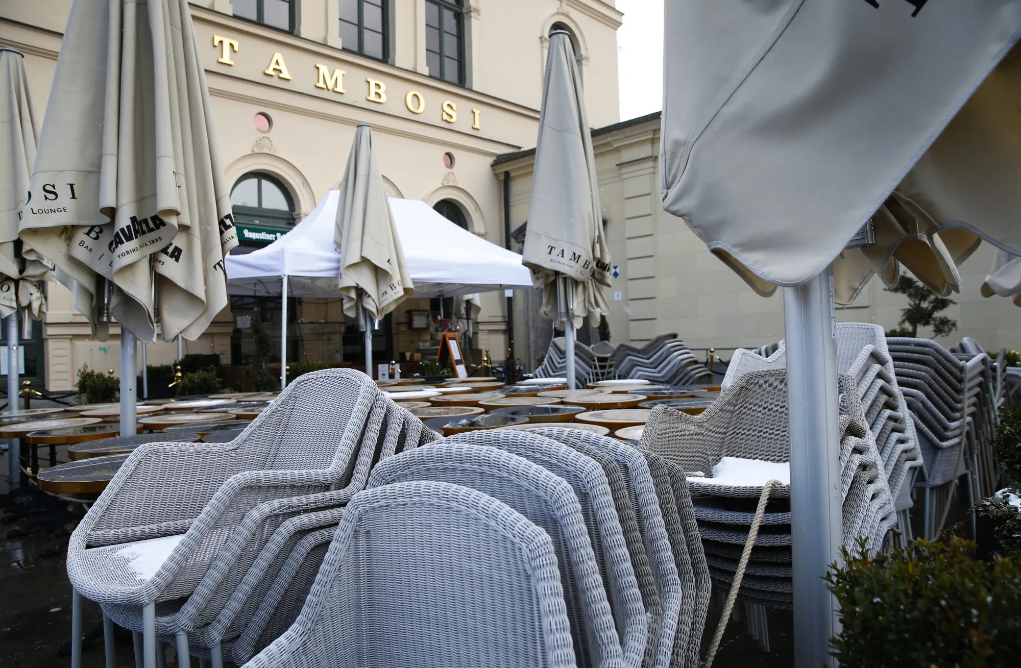 Stacked furniture at a closed restaurant in Munich, on April 7.&nbsp;