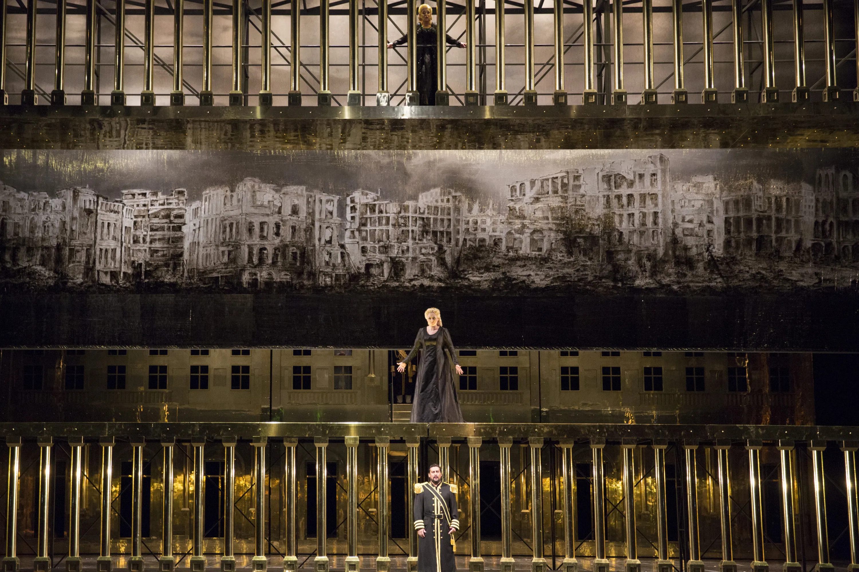 Oksana Dyka, above, and Marcelo Alvarez sing as Aida and Radames in the new production of "Aida" at the Bastille Opera in Paris, France, in this handout photo taken on Oct. 7, 2013.
