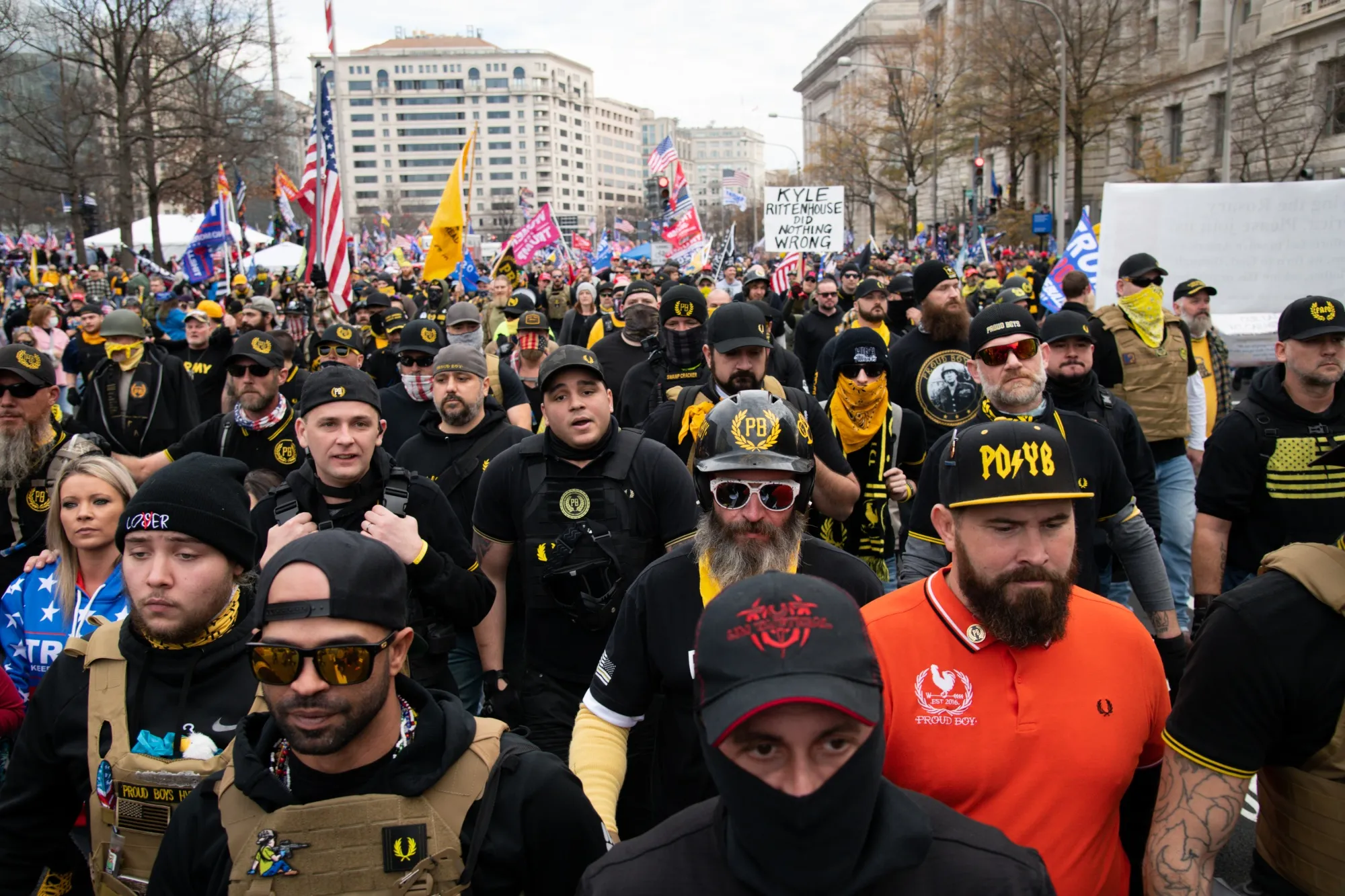 Demonstrators wearing Proud Boys attire gather during the "Million MAGA March" in Washington, D.C., on Dec. 12, 2020.&nbsp;