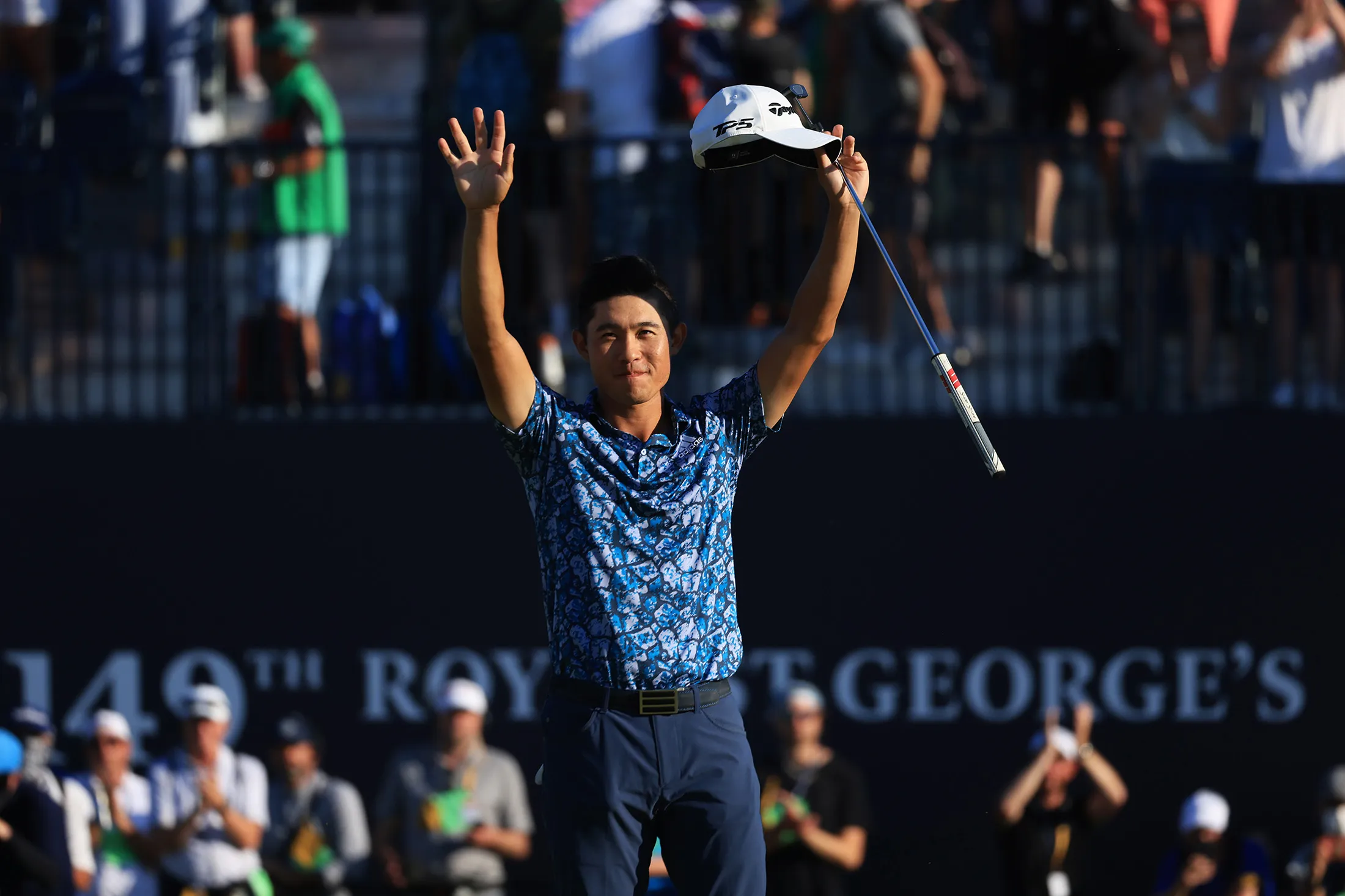 Collin Morikawa celebrates after his putt on the 18th hole during Day Four of The 149th Open at Royal St George’s Golf Club on July 18.