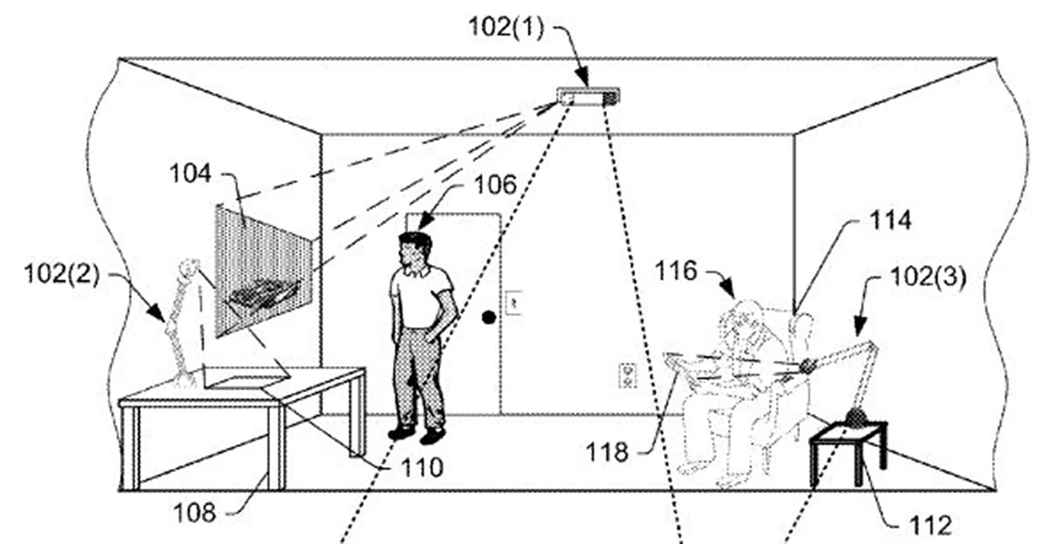 An Amazon patent outlining how to use computer projections to transform a room into a virtual setting that responds to the user’s senses.

