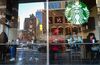 Customers sit inside a Starbucks corp. location in New York.