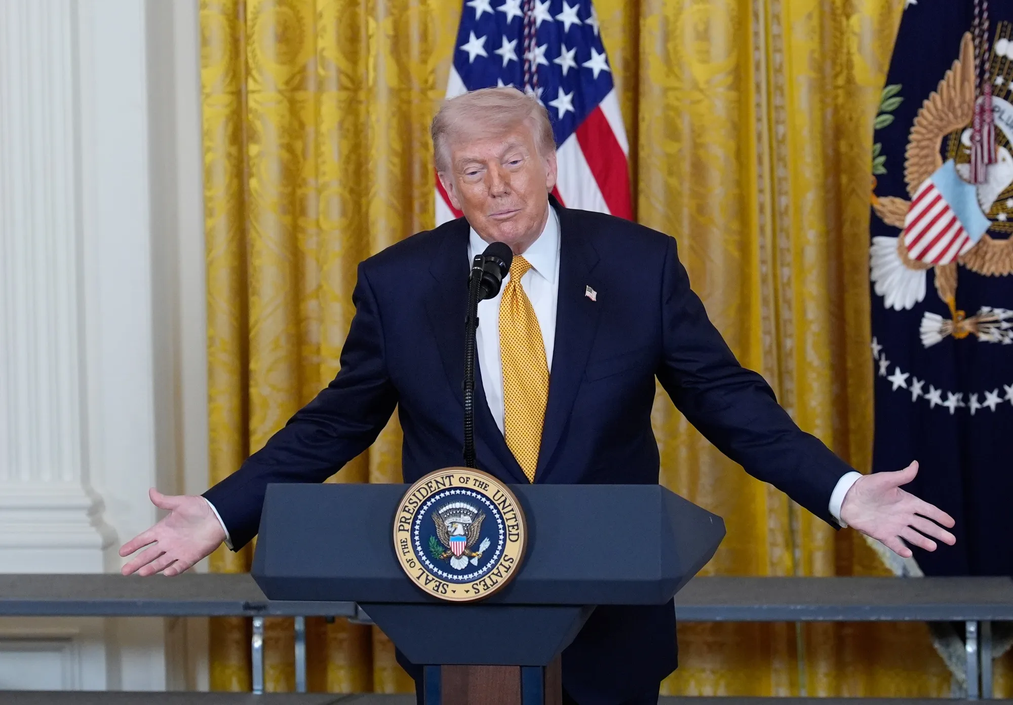 President Donald Trump speaks during a military Mother’s Day event in the White House a day after several GOP Indiana state senators he opposed were defeated in a primary.