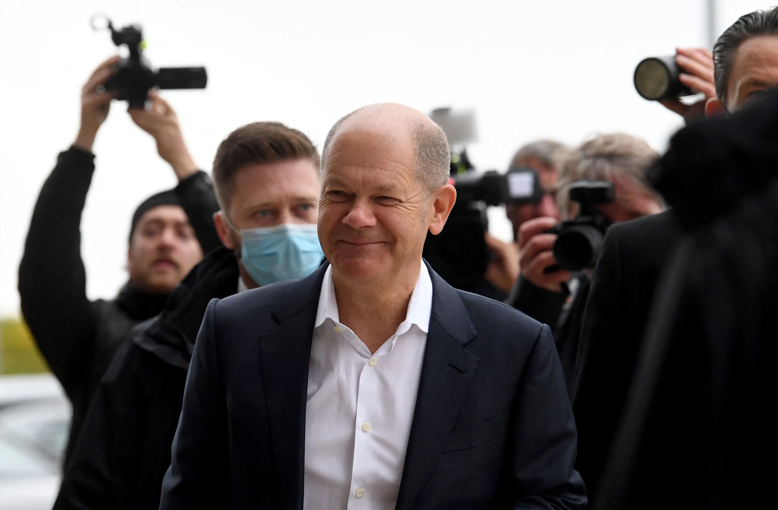 Olaf Scholz arrives for exploratory talks with the Greens and the FDP party in Berlin, on Oct. 12.