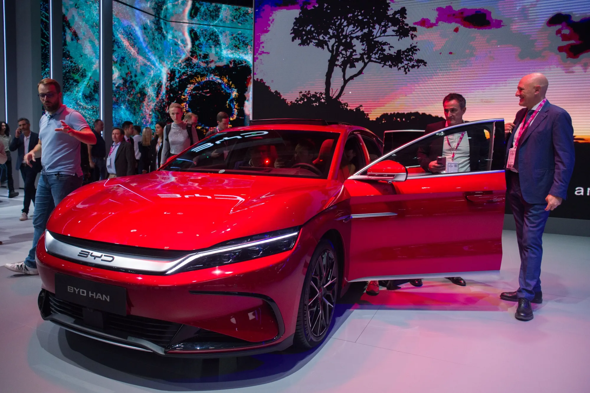 A BYD Han luxury sedan at the Paris motor show on Oct. 17.