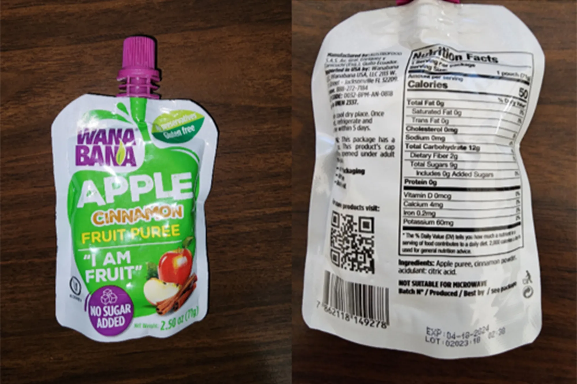 A WanaBana apple cinnamon fruit puree pouch provided by&nbsp;U.S. Food and Drug Administration.