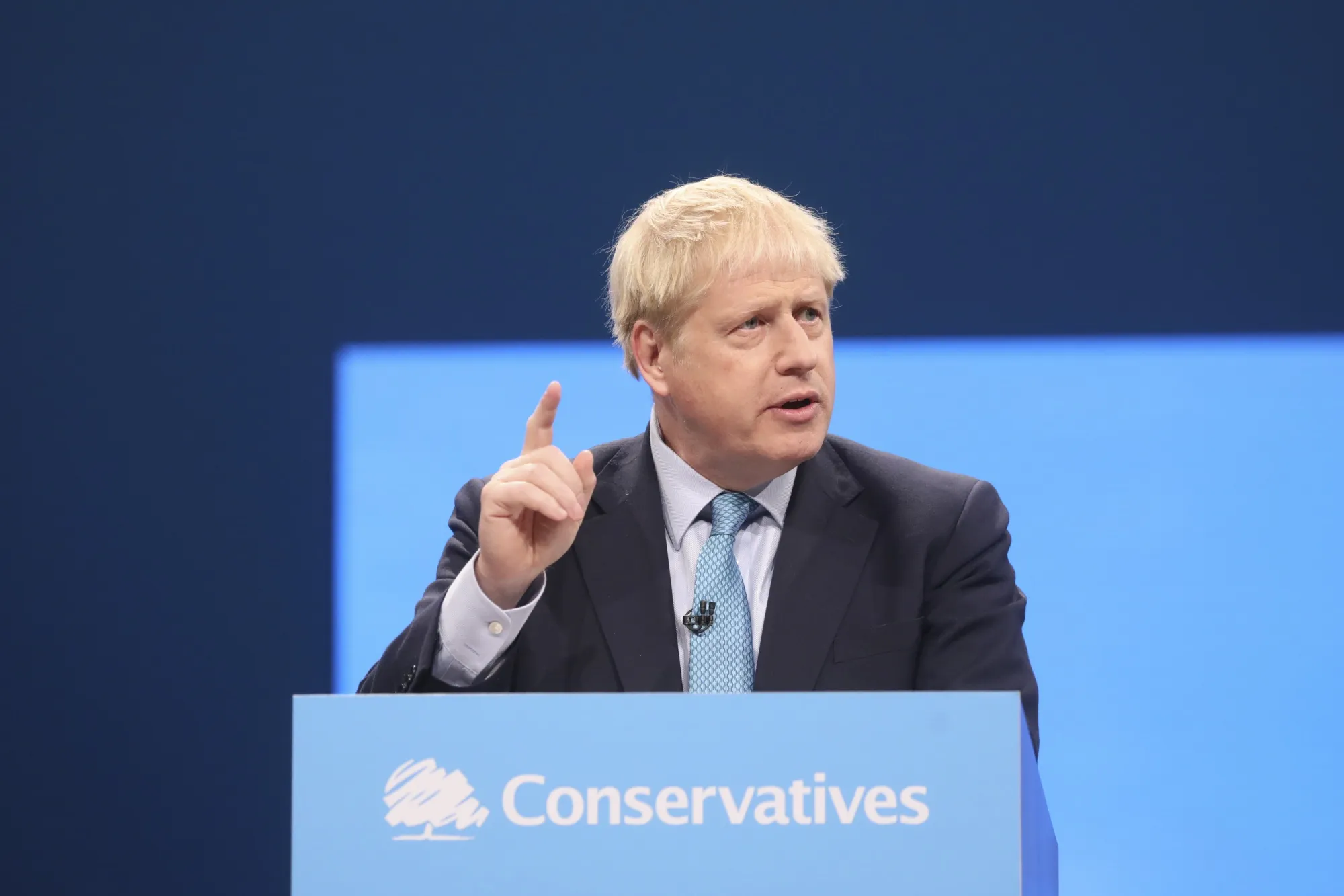 Boris Johnson delivers his keynote speech on the closing day of the annual Conservative Party conference in Manchester on Oct. 2.
