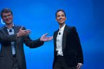 Alicia Keys, global creative director for BlackBerry, right, smiles while being introduced by the company's CEO, Thorsten Heins, during the launch of the BlackBerry 10 in New York, on Jan. 30, 2013
