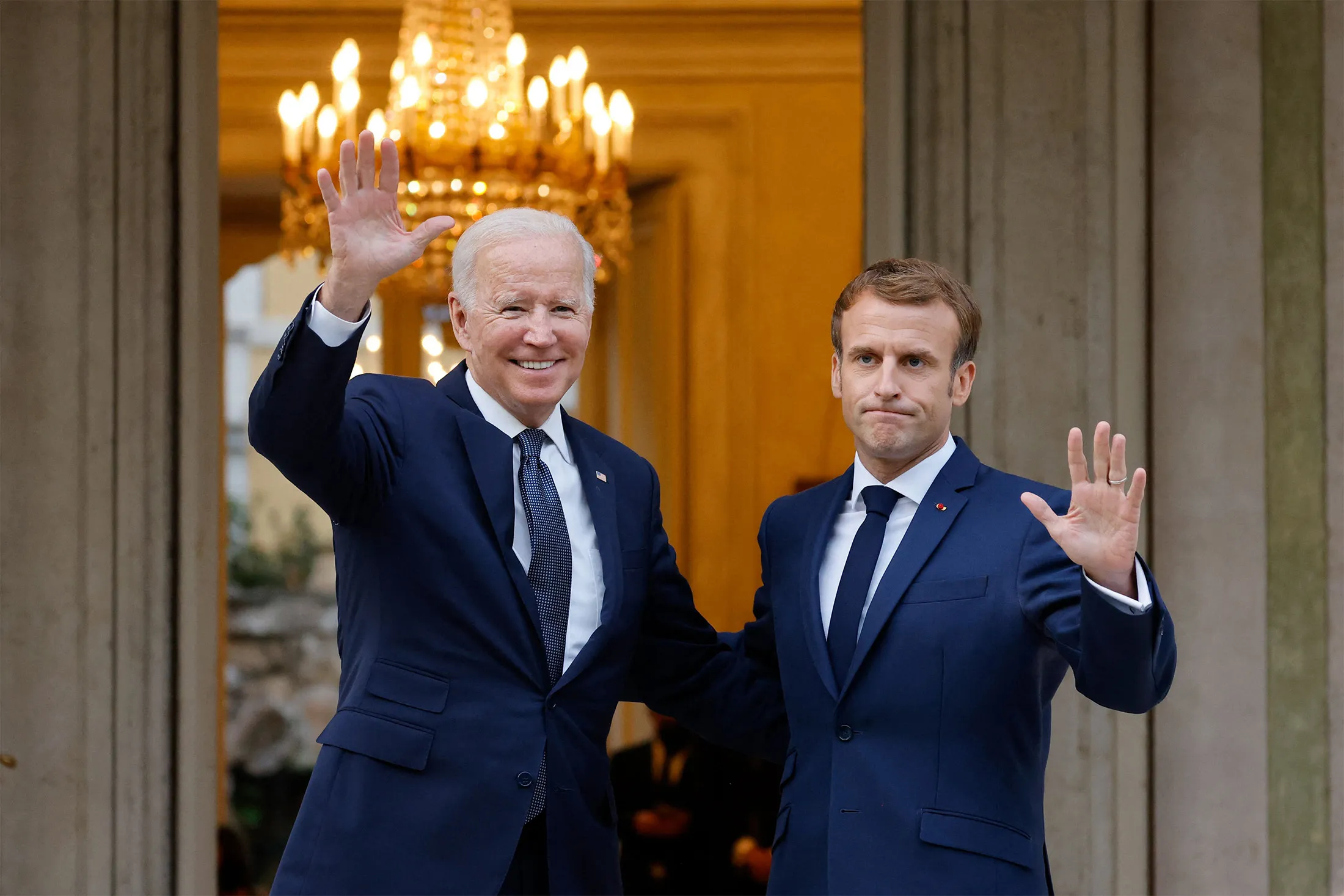 Joe Biden and Emmanuel Macron before their meeting at the French Embassy to the Vatican in Rome on Oct. 29.