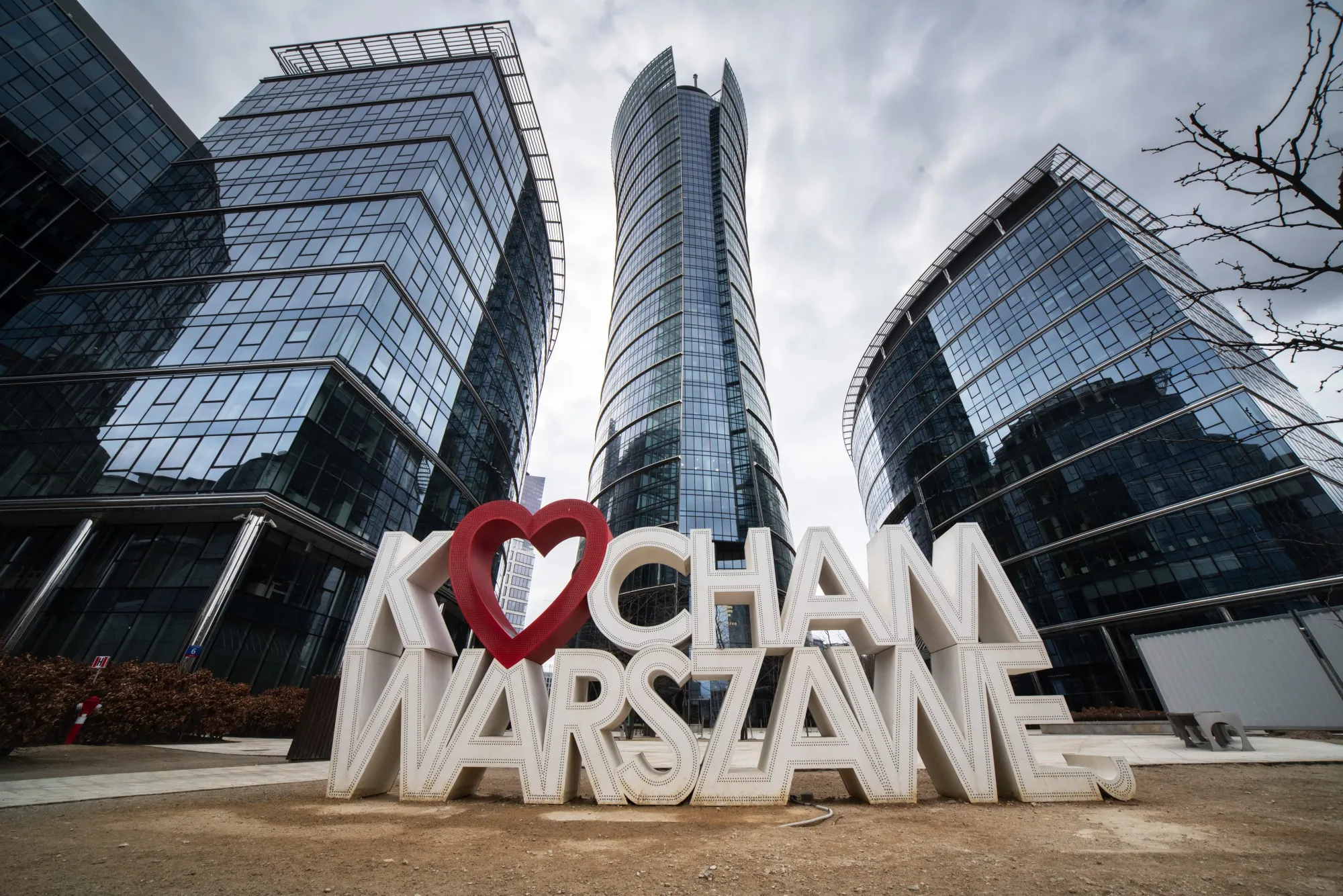 An 'I Love Warsaw' sign at The Warsaw Spire office complex.
