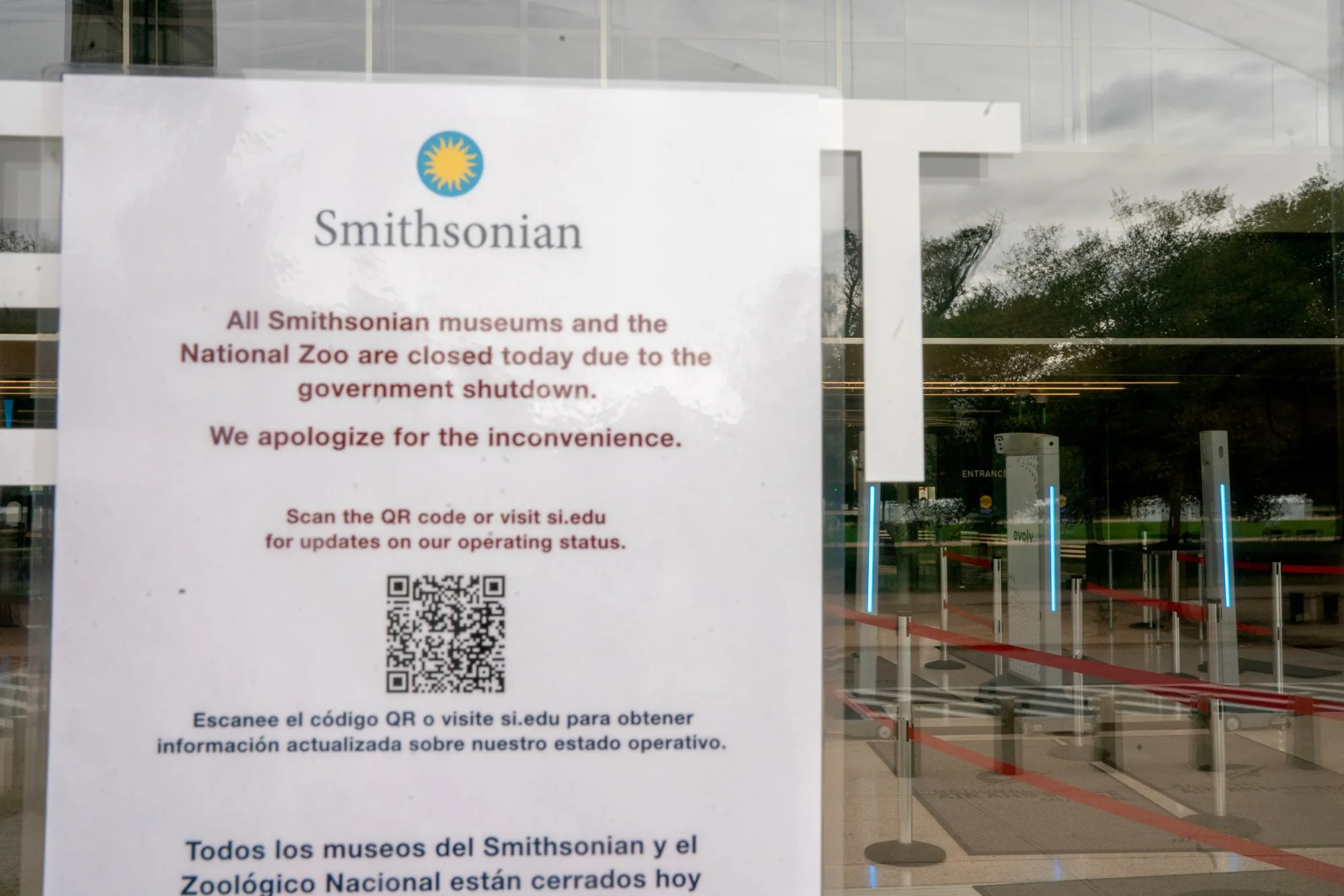 "Closed" signage in front of empty security lines at the Smithsonian National Air and Space Museum, which is closed due to the federal government shutdown, in Washington, DC, US.